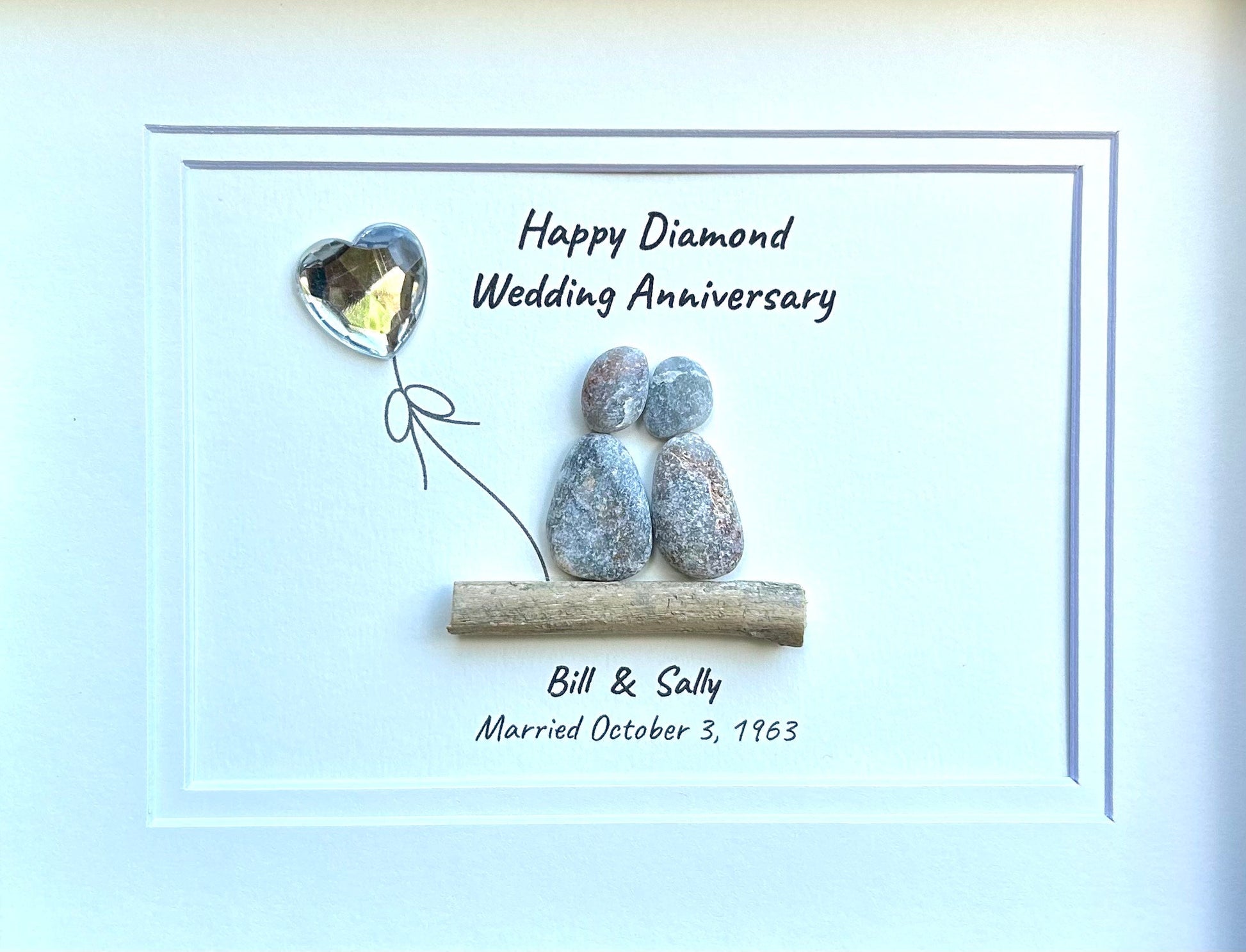60th Diamond Wedding Anniversary 8x10" Framed Pebble Art, Personalized Anniversary Gift for Parents, Wife, Husband, Friends