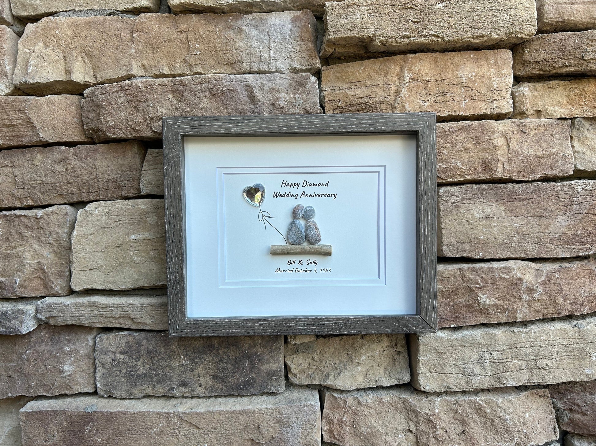 60th Diamond Wedding Anniversary 8x10" Framed Pebble Art, Personalized Anniversary Gift for Parents, Wife, Husband, Friends