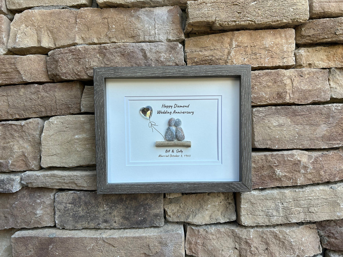 60th Diamond Wedding Anniversary 8x10&quot; Framed Pebble Art, Personalized Anniversary Gift for Parents, Wife, Husband, Friends