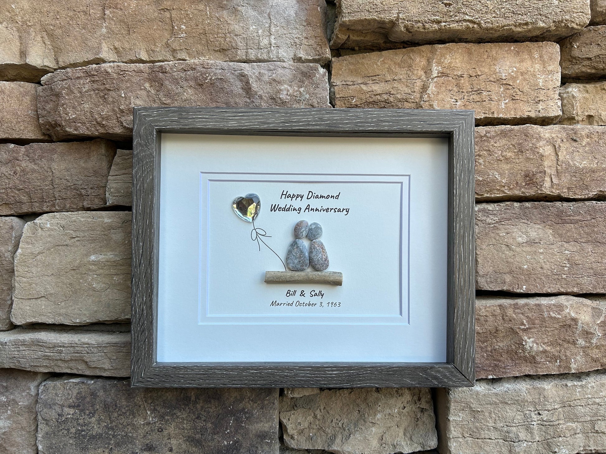 60th Diamond Wedding Anniversary 8x10" Framed Pebble Art, Personalized Anniversary Gift for Parents, Wife, Husband, Friends