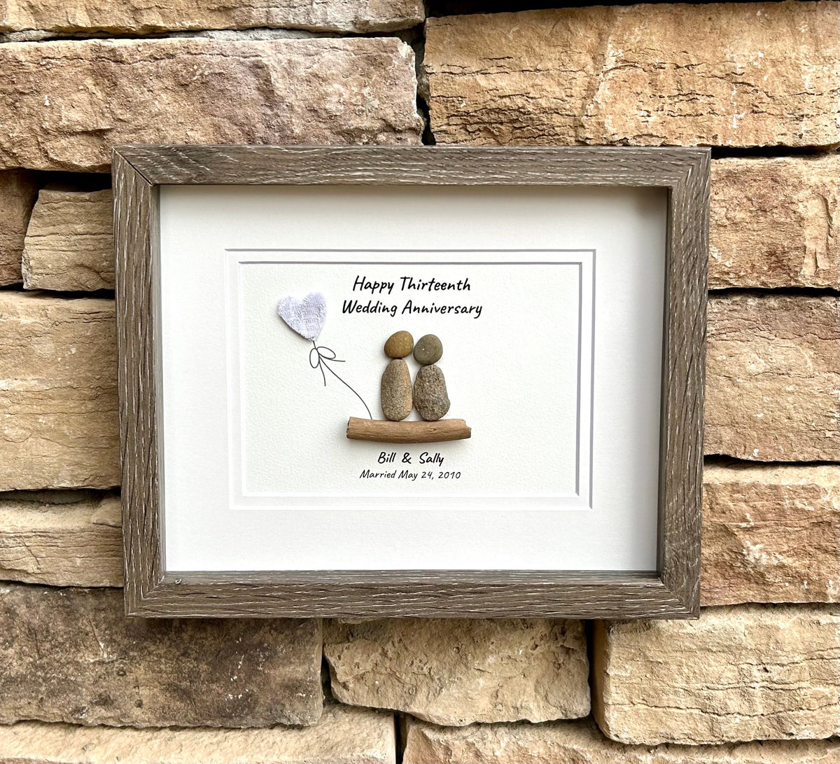 13th Wedding Anniversary Gift | Personalized Pebble Art with Lace Heart, Driftwood & Frame | Custom 8x10 Artwork for Couples