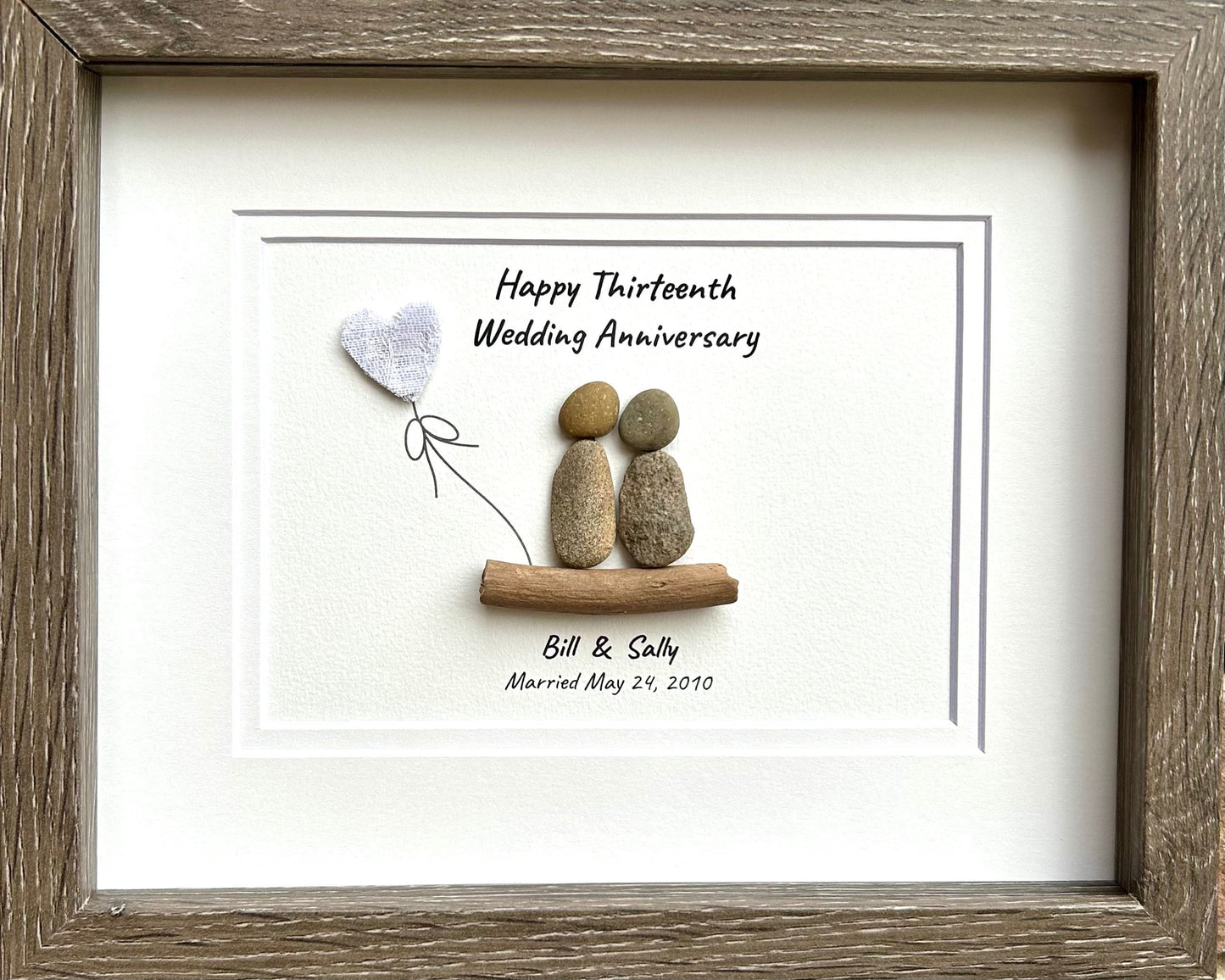 13th Wedding Anniversary Gift | Personalized Pebble Art with Lace Heart, Driftwood & Frame | Custom 8x10 Artwork for Couples