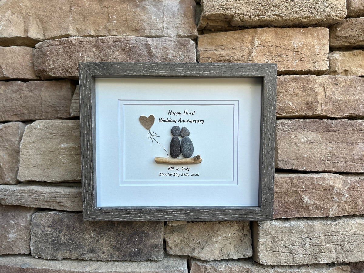 3rd Wedding Anniversary Personalized Pebble Art Gift, Leather 3 Year Anniversary Art, Third Anniversary Gift for Wife, Husband, Child