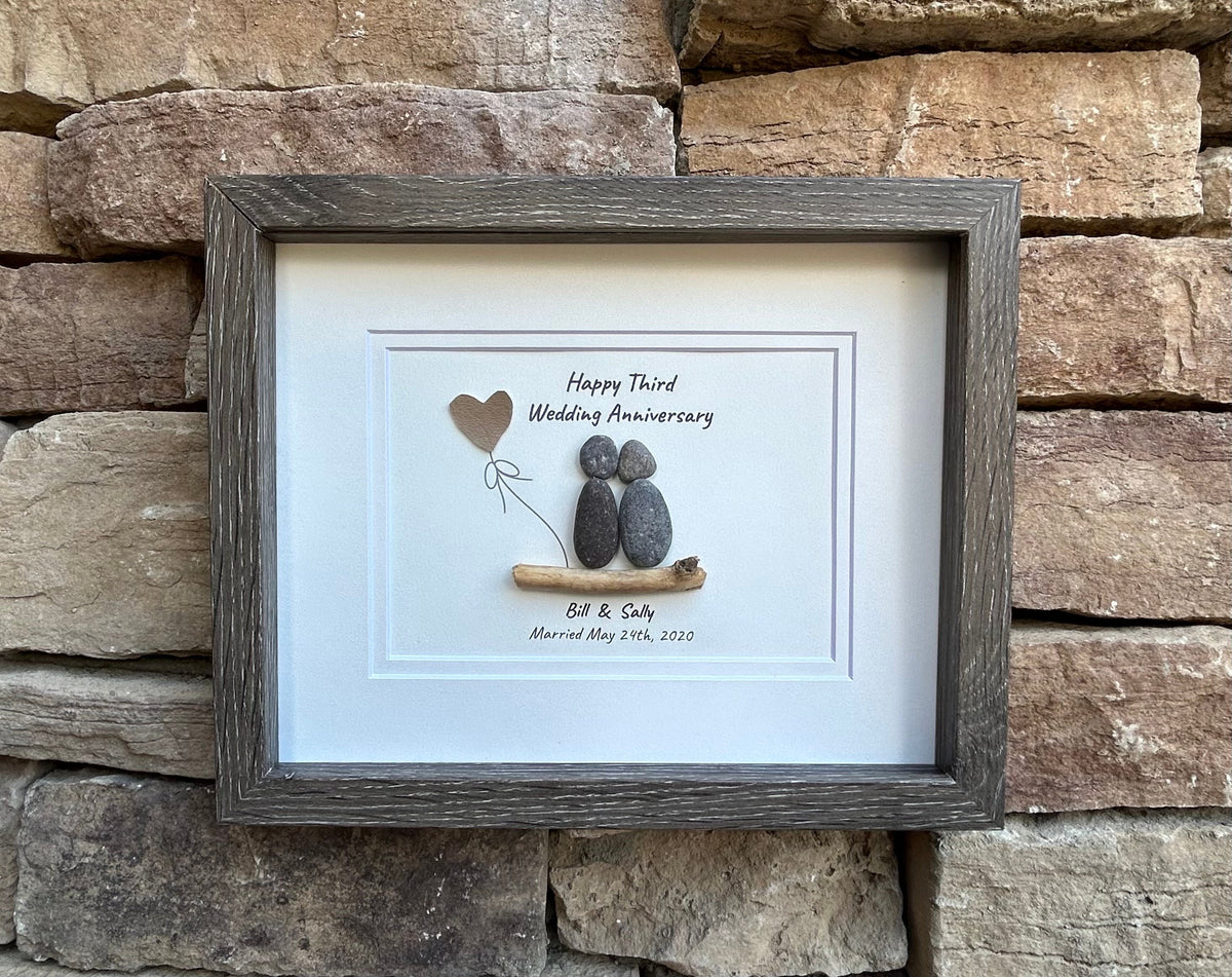 3rd Wedding Anniversary Personalized Pebble Art Gift, Leather 3 Year Anniversary Art, Third Anniversary Gift for Wife, Husband, Child