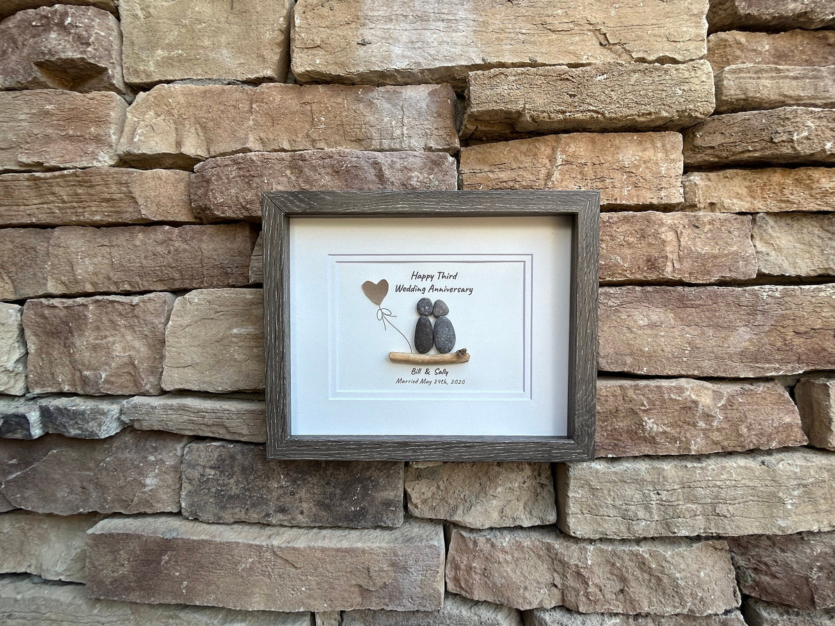 3rd Wedding Anniversary Personalized Pebble Art Gift, Leather 3 Year Anniversary Art, Third Anniversary Gift for Wife, Husband, Child