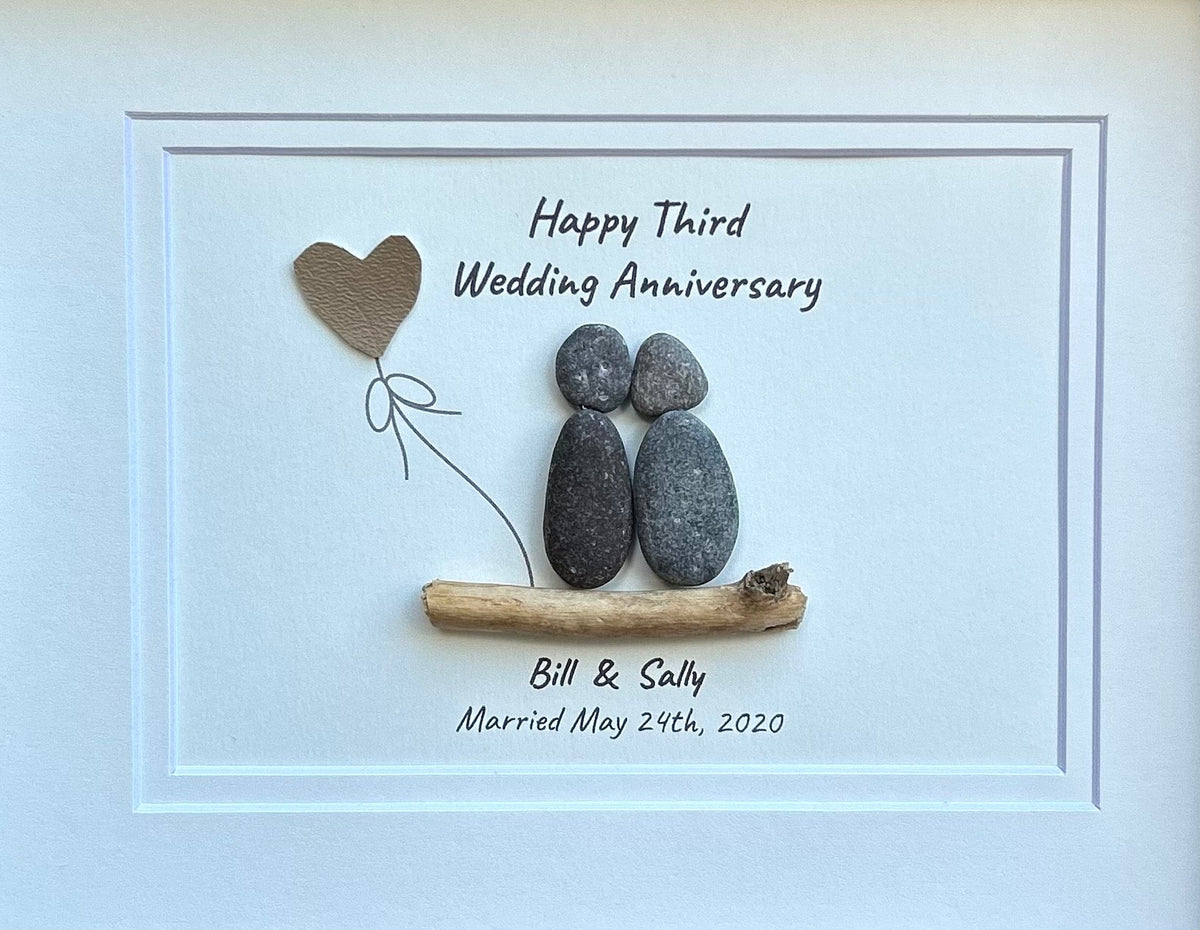 3rd Wedding Anniversary Personalized Pebble Art Gift, Leather 3 Year Anniversary Art, Third Anniversary Gift for Wife, Husband, Child