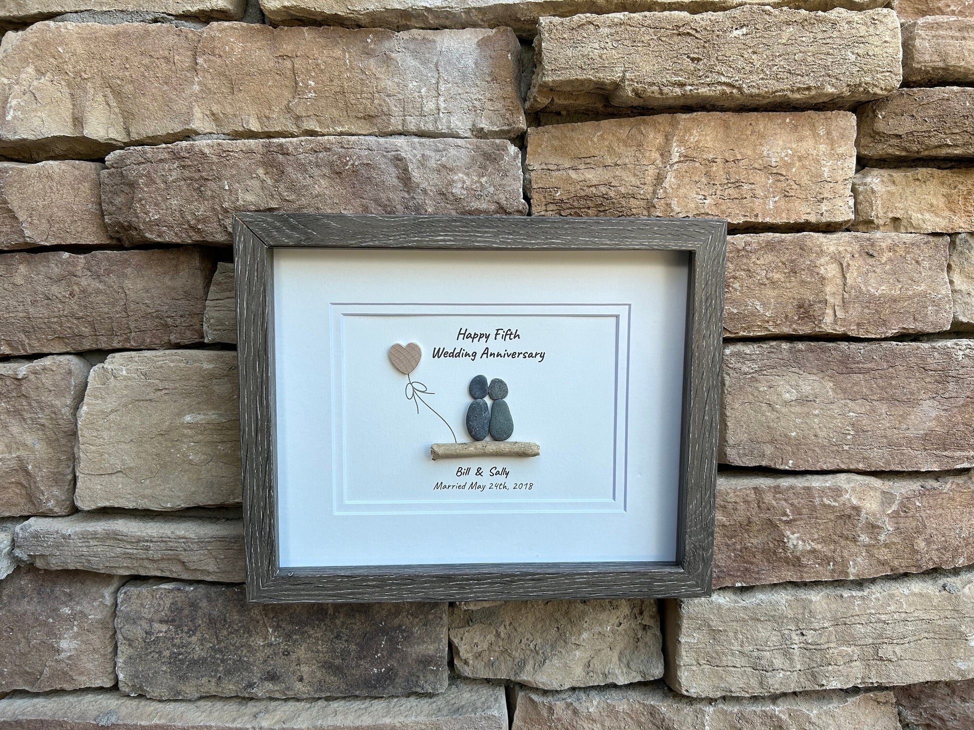 5th Wedding Anniversary Personalized Pebble Art, 8x10” Framed Wood Anniversary Gift for Wife, Husband, Friends, Custom Wooden Present