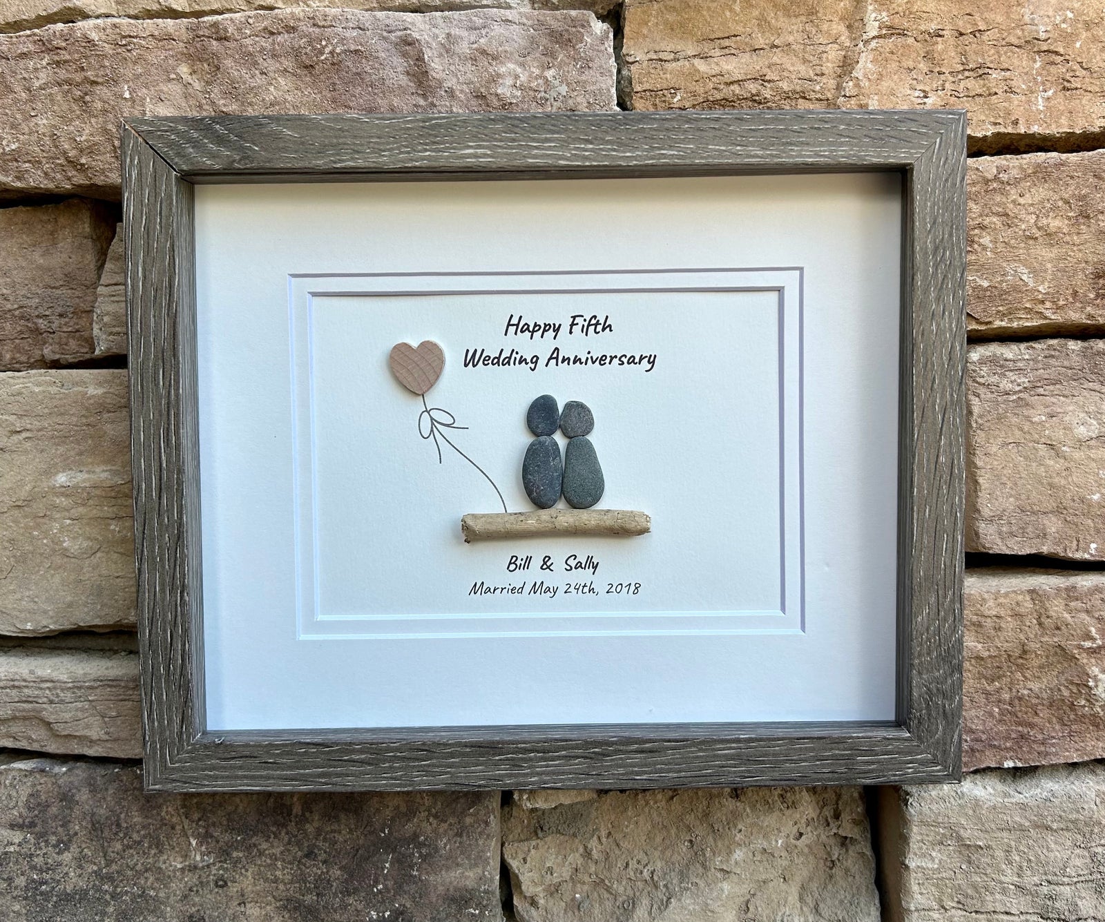 5th Wedding Anniversary Personalized Pebble Art, 8x10” Framed Wood Anniversary Gift for Wife, Husband, Friends, Custom Wooden Present