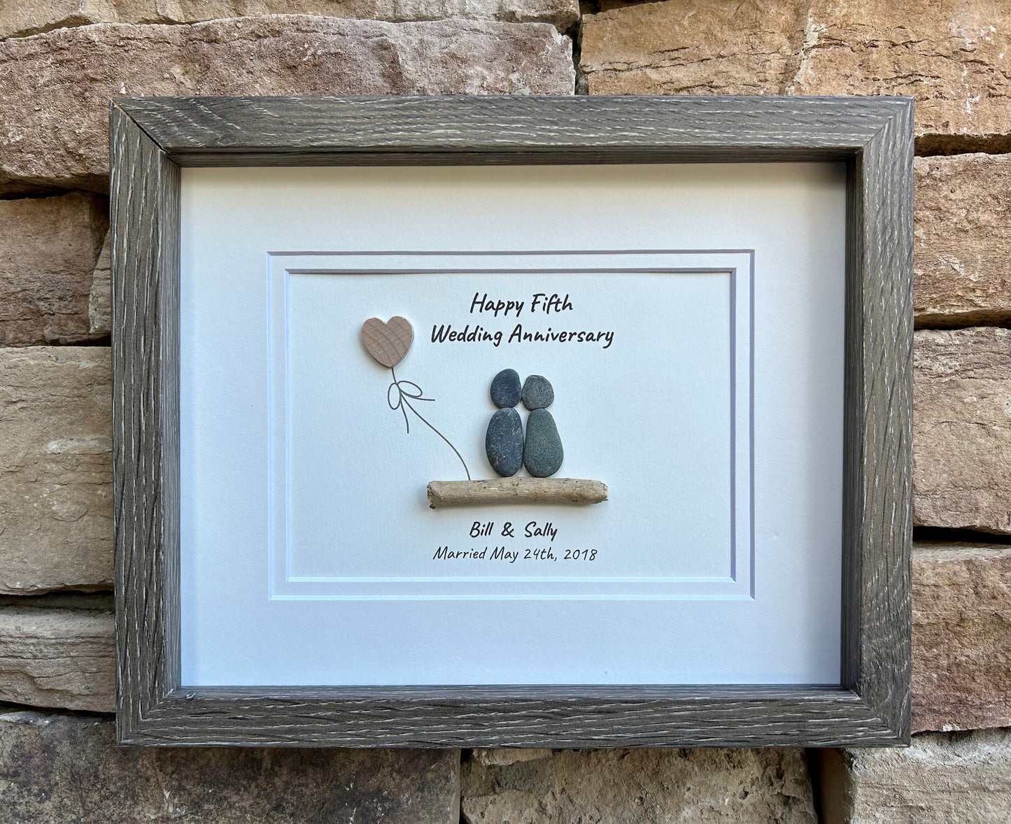 5th Wedding Anniversary Personalized Pebble Art, 8x10” Framed Wood Anniversary Gift for Wife, Husband, Friends, Custom Wooden Present