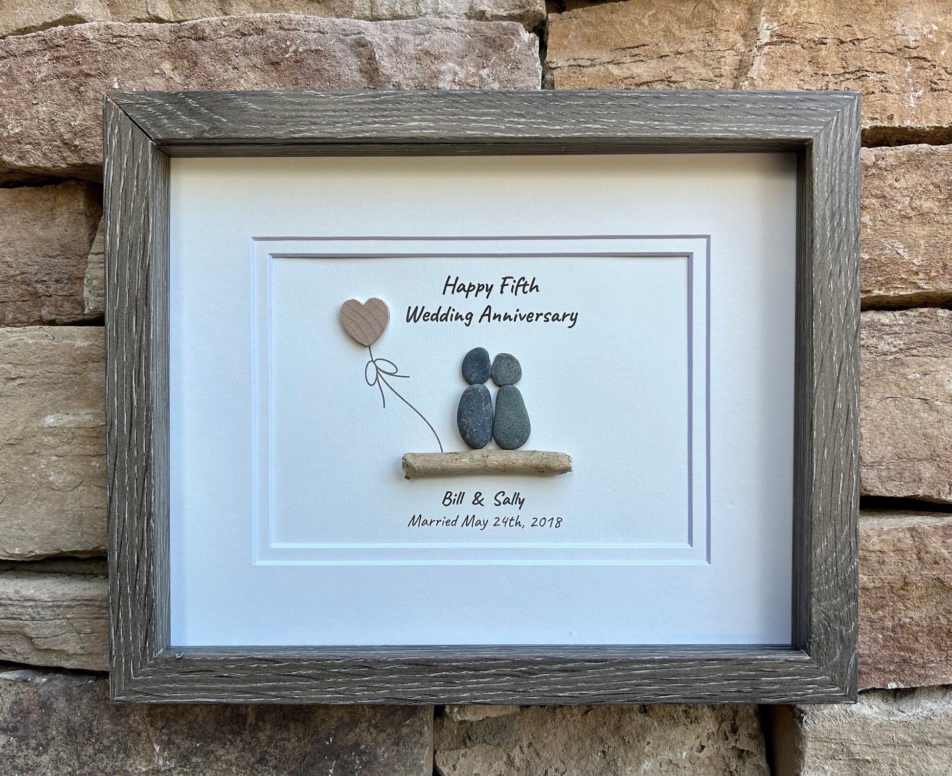 5th Wedding Anniversary Personalized Pebble Art, 8x10” Framed Wood Anniversary Gift for Wife, Husband, Friends, Custom Wooden Present