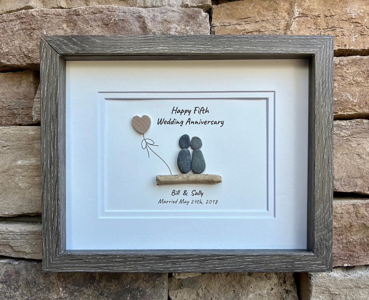 5th Wedding Anniversary Personalized Pebble Art, 8x10” Framed Wood Anniversary Gift for Wife, Husband, Friends, Custom Wooden Present