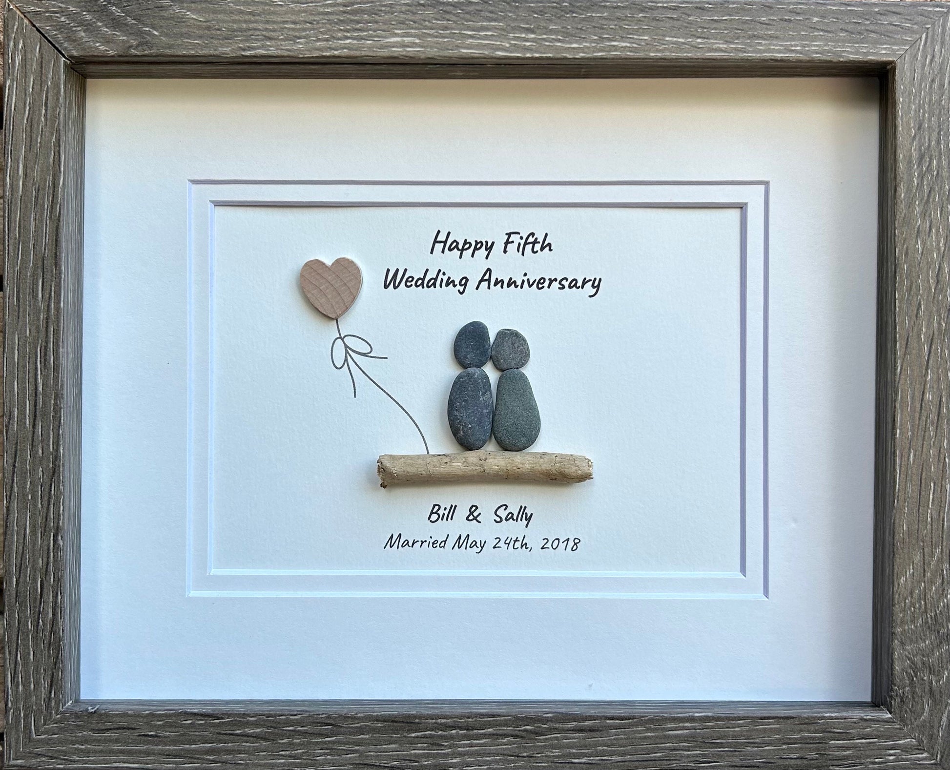 5th Wedding Anniversary Personalized Pebble Art, 8x10” Framed Wood Anniversary Gift for Wife, Husband, Friends, Custom Wooden Present
