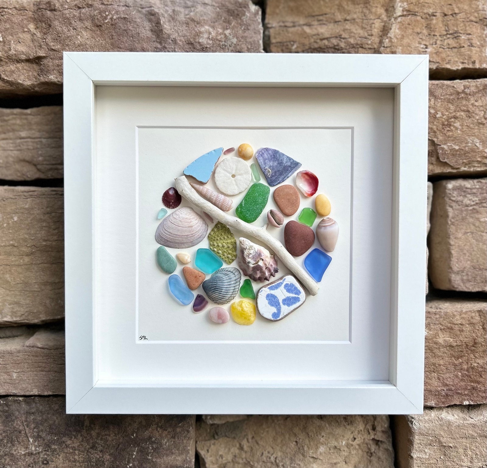 Coastal Framed Wall Art in Bright Colors, 9x9 Beach Mosaic Made From Shells, Sea Glass, Sea Pottery, Pebbles and Driftwood