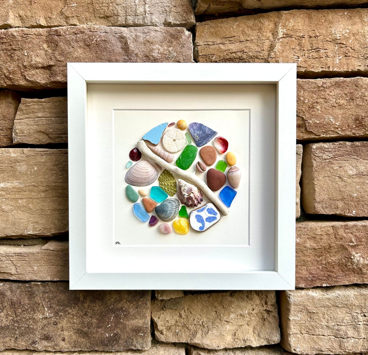 Circular Abstract Beach Mosaic | Colorful Glass, Shells, Pottery, Driftwood, Pebbles | Handmade Original Coastal Decor | 8x8 Beach Art
