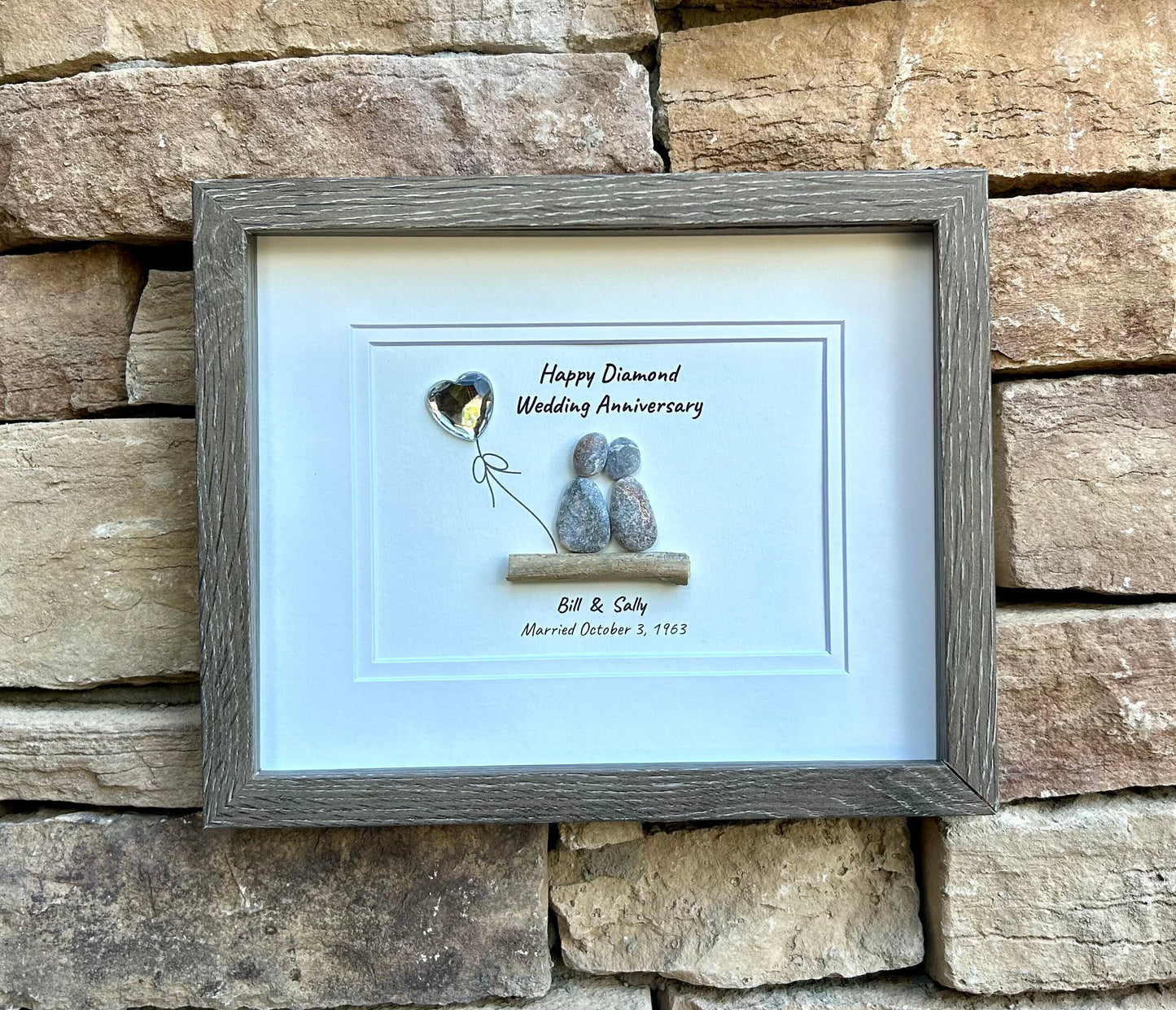 60th Diamond Wedding Anniversary 8x10" Framed Pebble Art, Personalized Anniversary Gift for Parents, Wife, Husband, Friends