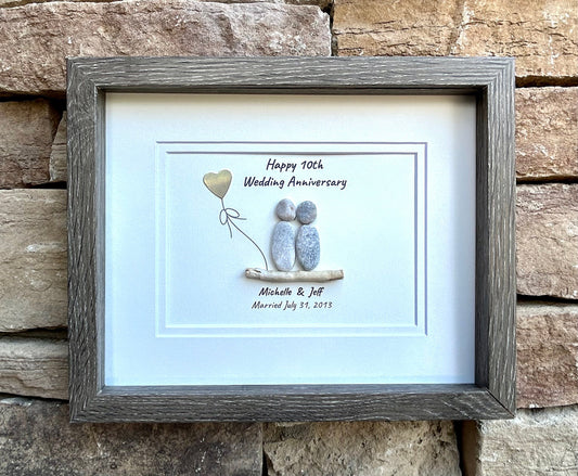 10th Wedding Anniversary Gift | Personalized Tin Anniversary Art | 8x10 Handmade Pebble Picture for Wife, Husband, or Friends
