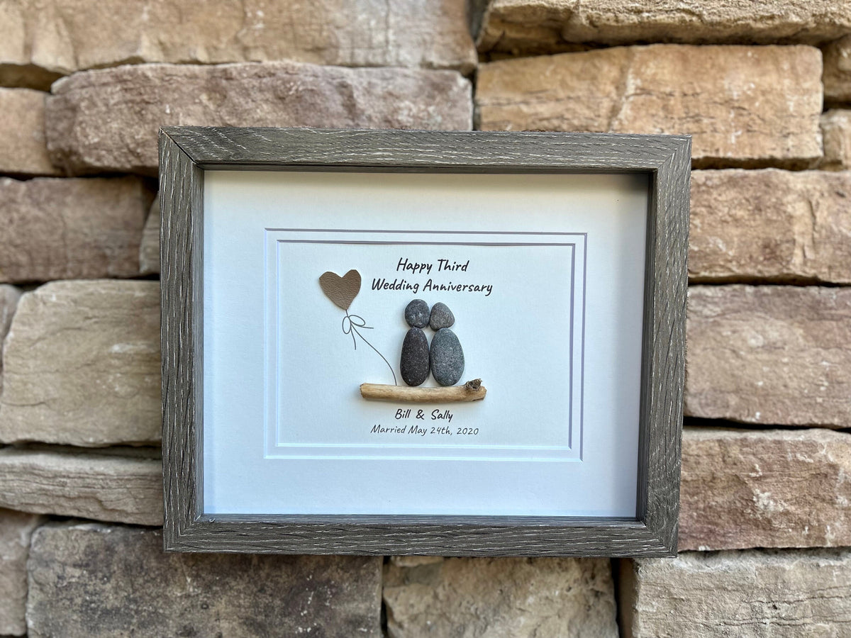 3rd Wedding Anniversary Personalized Pebble Art Gift, Leather 3 Year Anniversary Art, Third Anniversary Gift for Wife, Husband, Child