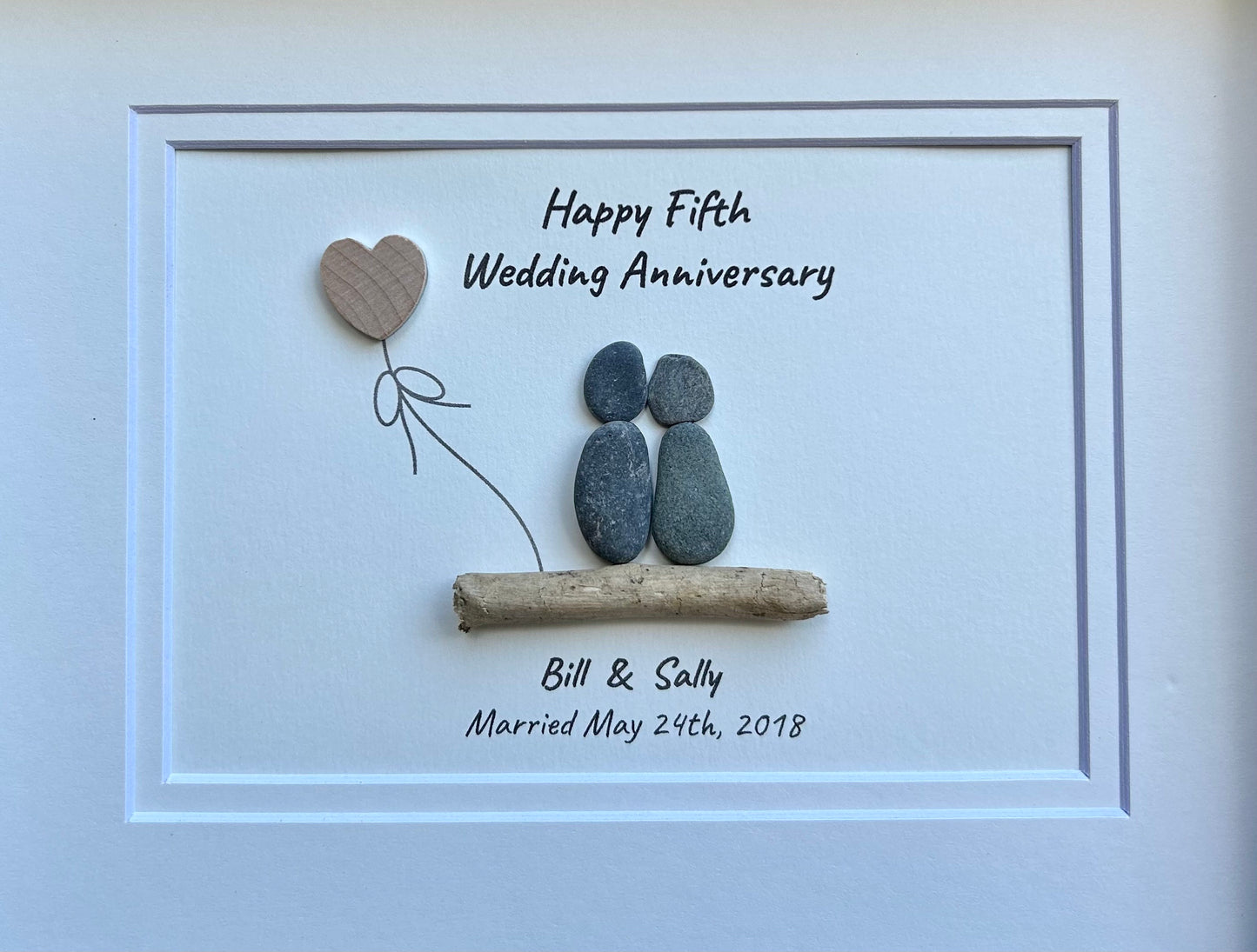 5th Wedding Anniversary Personalized Pebble Art, 8x10” Framed Wood Anniversary Gift for Wife, Husband, Friends, Custom Wooden Present