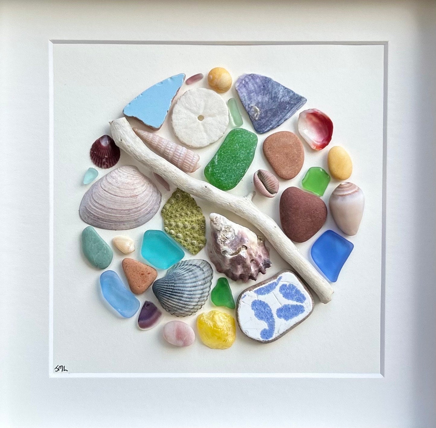 Coastal Mosaic Framed Wall Art, Scottish Sea Glass, Shells & Driftwood