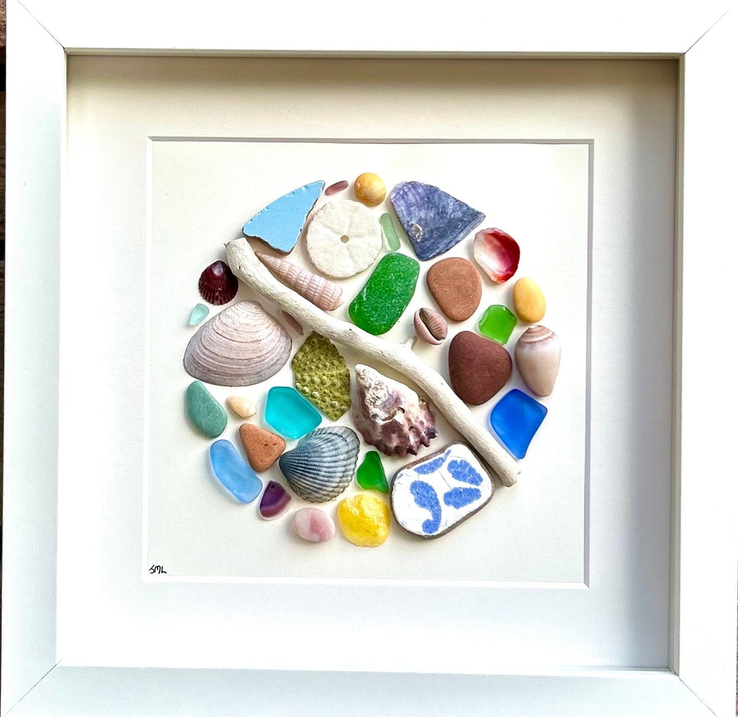 Coastal Mosaic Framed Wall Art, Scottish Sea Glass, Shells & Driftwood