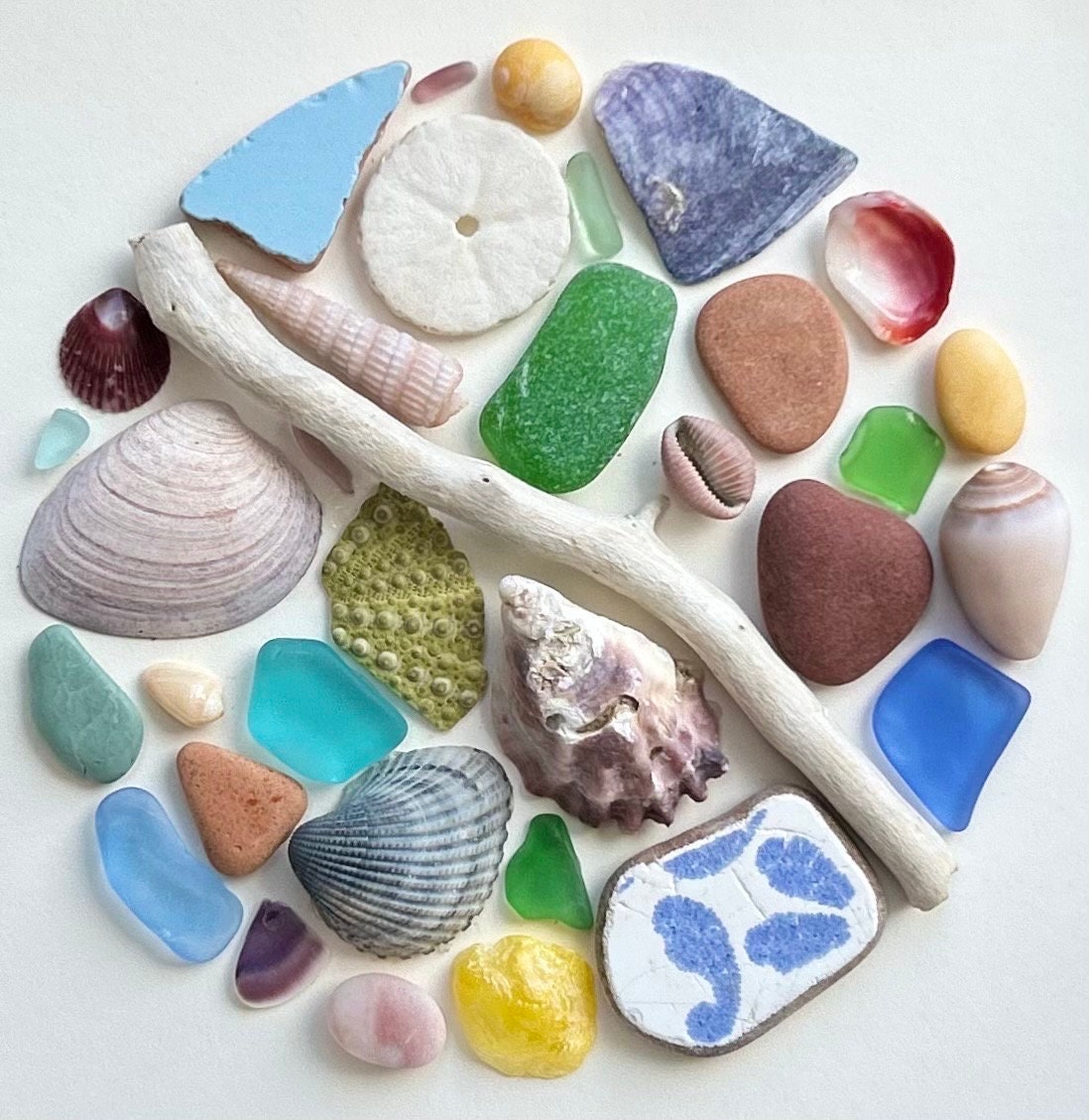 Circular Abstract Beach Mosaic | Colorful Glass, Shells, Pottery, Driftwood, Pebbles | Handmade Original Coastal Decor | 8x8 Beach Art