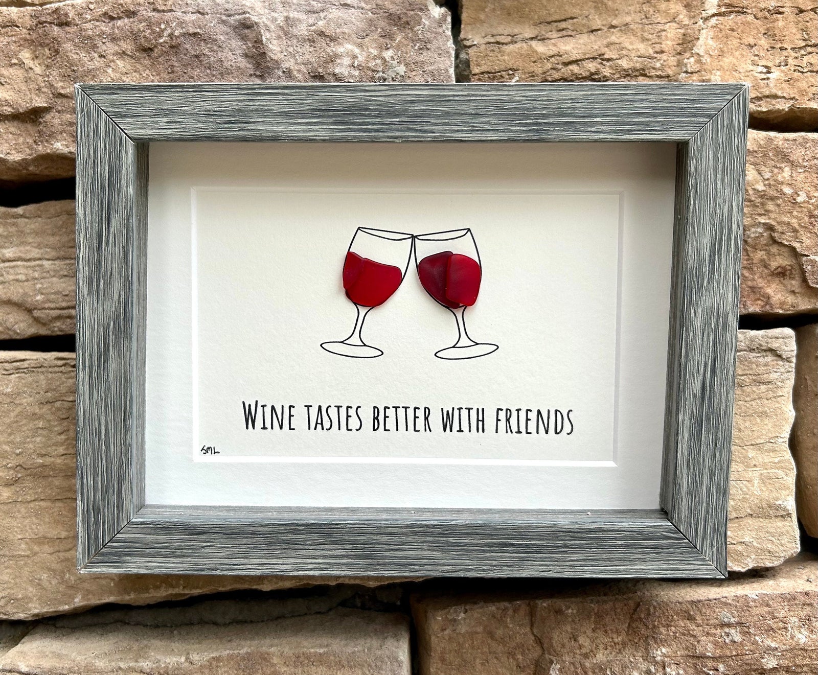 Wine Tastes Better With Friends Sea Glass Art, 5x7 Framed Handmade Picture, Bar Decoration, Cocktail Art, Housewarming Gift, Wine Lover