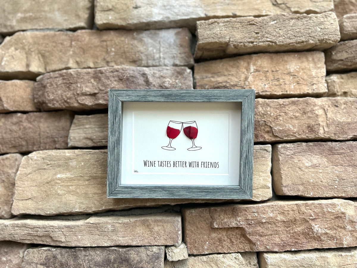 Wine Tastes Better With Friends Sea Glass Art, 5x7 Framed Handmade Picture, Bar Decoration, Cocktail Art, Housewarming Gift, Wine Lover
