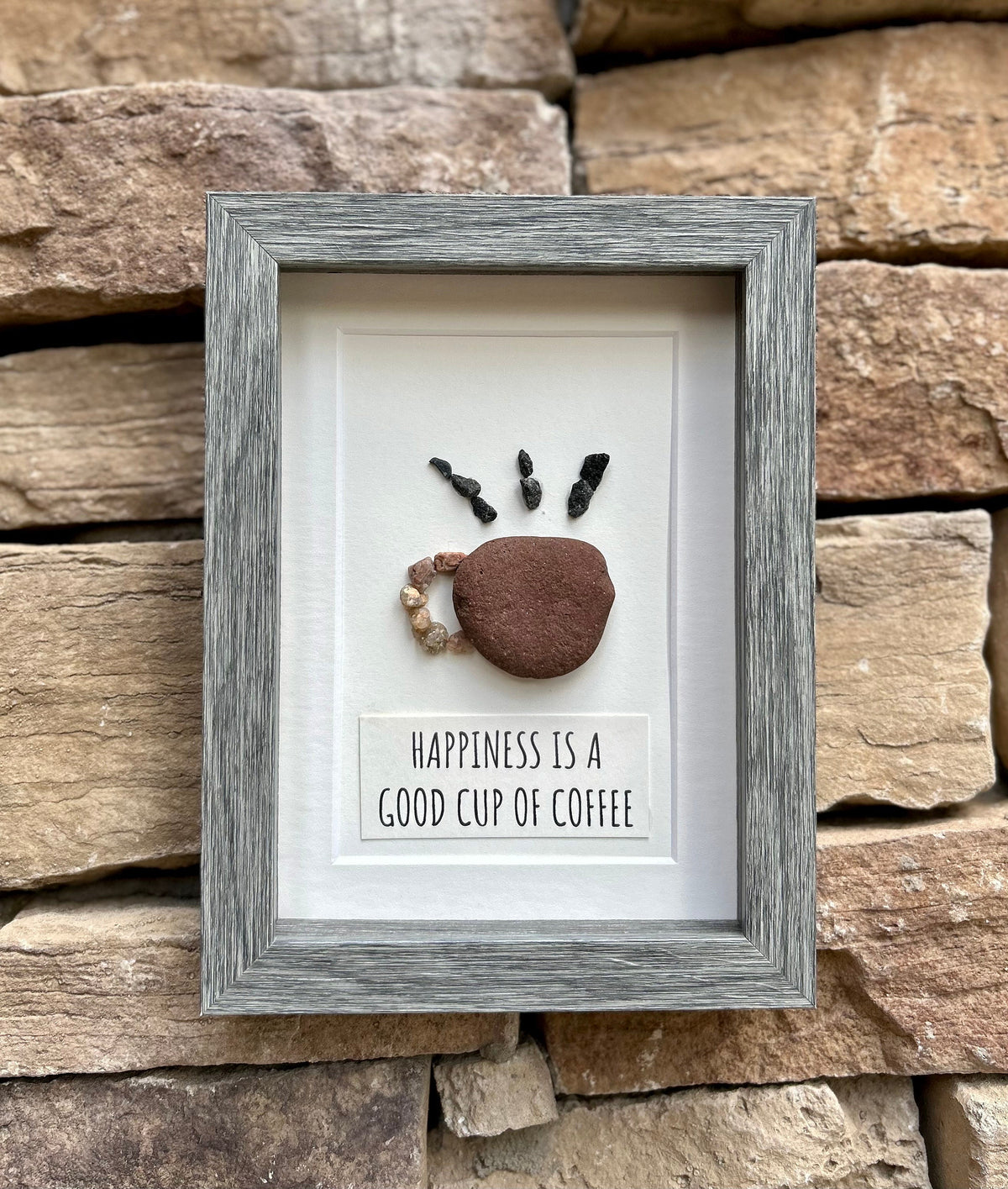 Happiness is a Good Cup of Coffee, 6x8 Framed Original Pebble Art for Coffee Lovers, Handmade Coffee Gift for Friend, Spouse, Parent