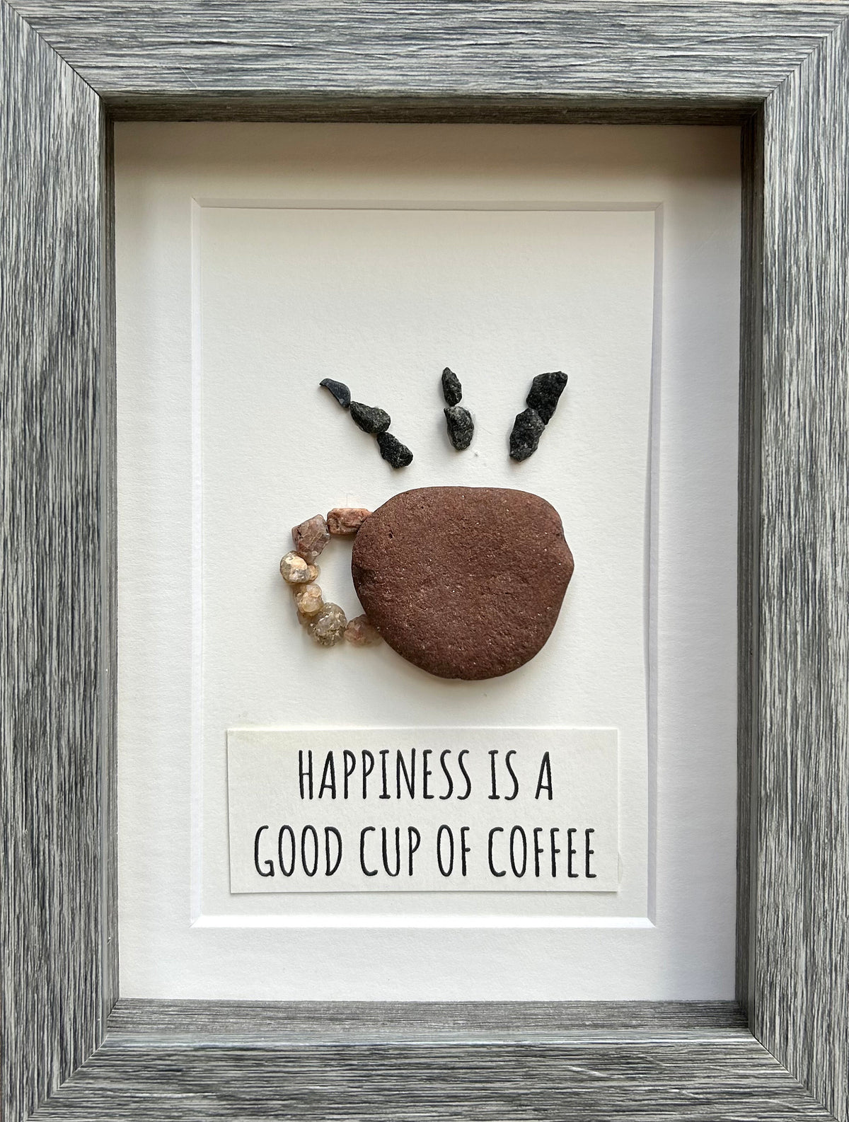 Happiness is a Good Cup of Coffee, 6x8 Framed Original Pebble Art for Coffee Lovers, Handmade Coffee Gift for Friend, Spouse, Parent