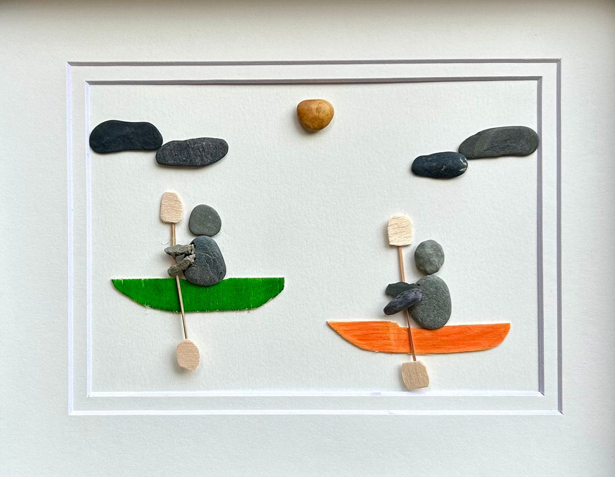Pair of Kayakers 8x10 Framed Pebble Art, Handmade Personalizable Gift for Anyone That Loves the Water, Kayak Art, Kayak Gift, Kayak Poster