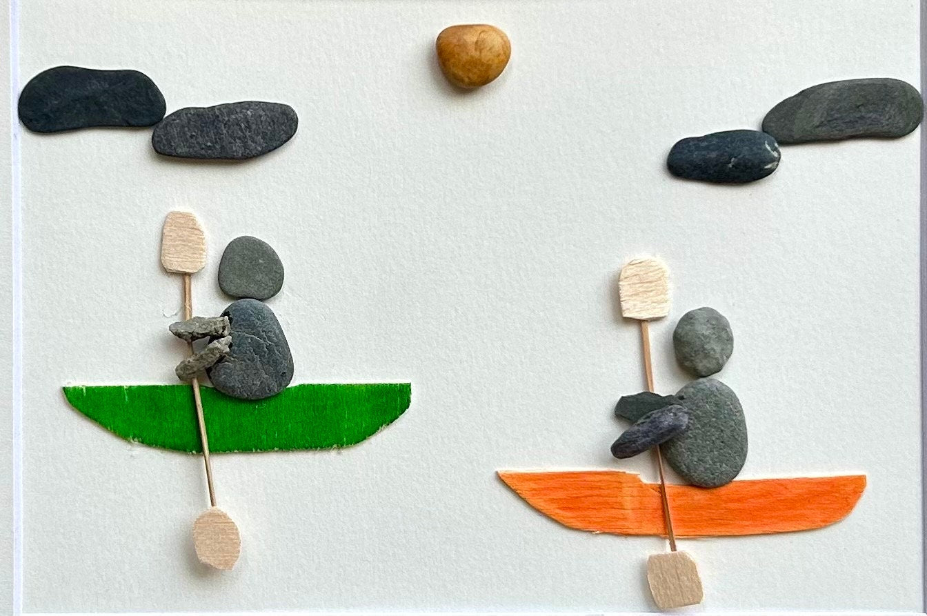 Handmade Kayakers Pebble Art, Personalized Water Lover Gift, 8x10 Framed