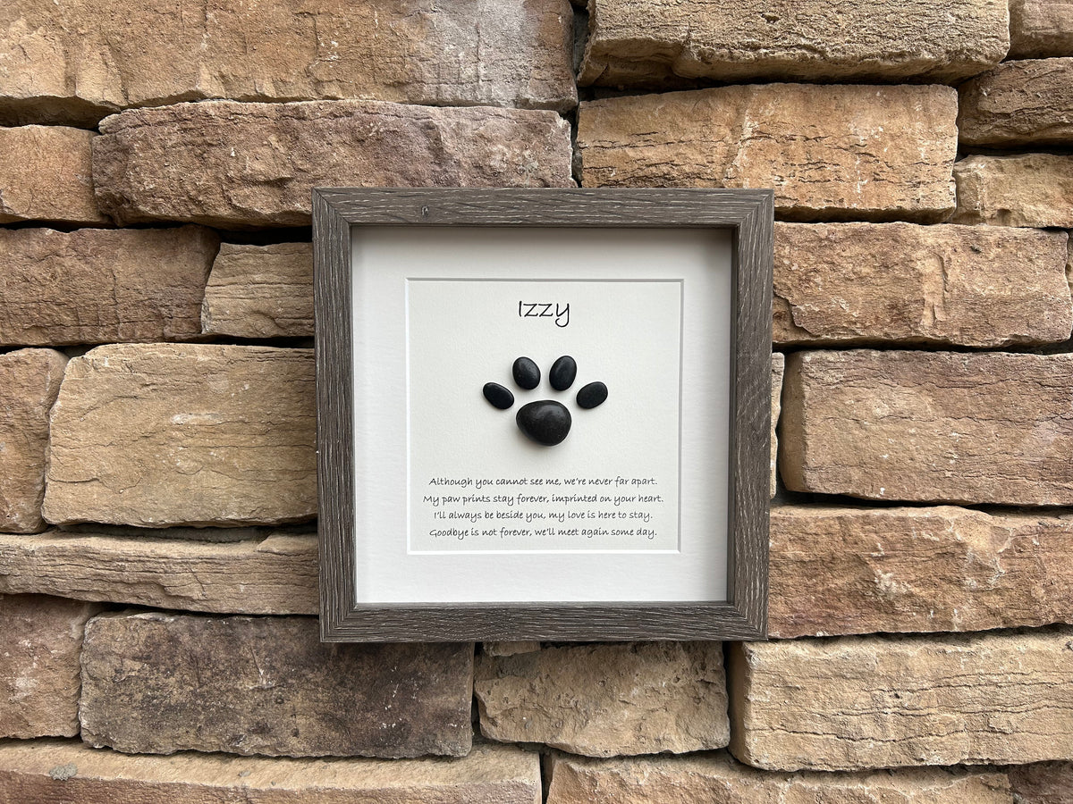 Framed Pet Loss Artwork, 9x9 Pebble Art Poem for Dog Loss, Cat Loss, Personalizable Gift