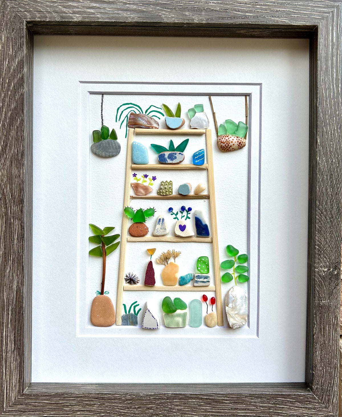 Plants and Flower Collage. 8x10 Framed Beach Collage. Original Handmade Art Made from Sea Glass, Shells + Pebbles. Colorful Wall Decor