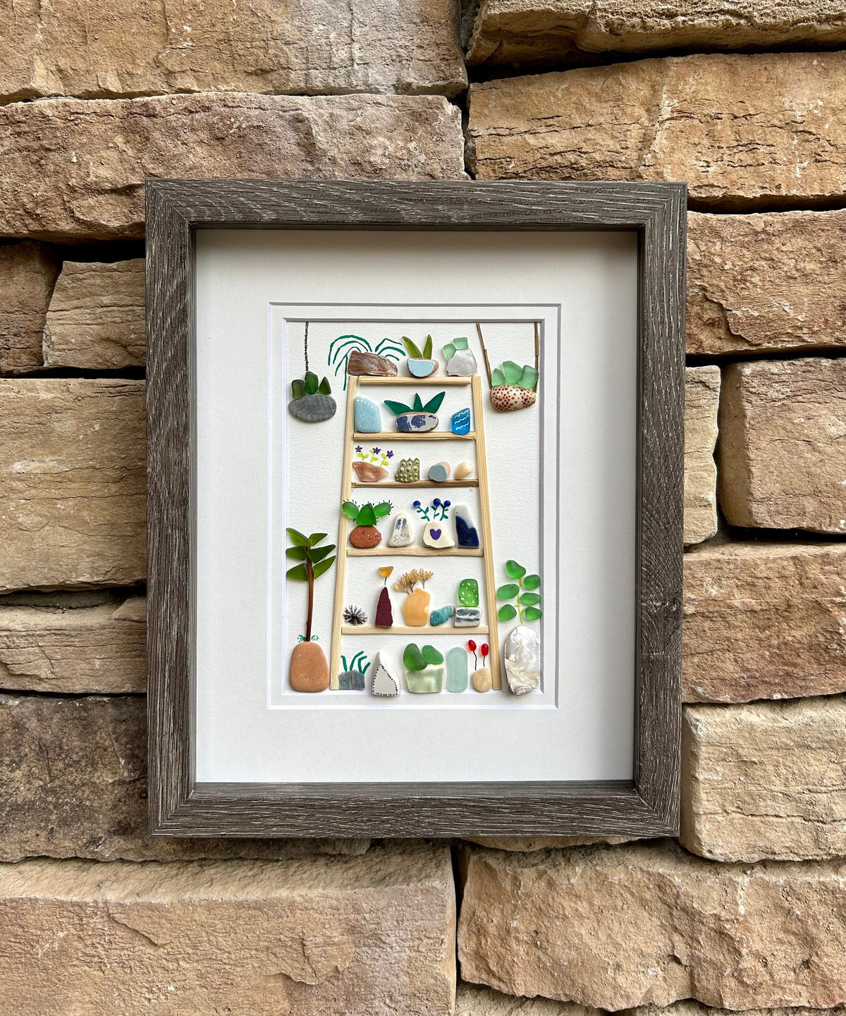 Plants and Flower Collage. 8x10 Framed Beach Collage. Original Handmade Art Made from Sea Glass, Shells + Pebbles. Colorful Wall Decor
