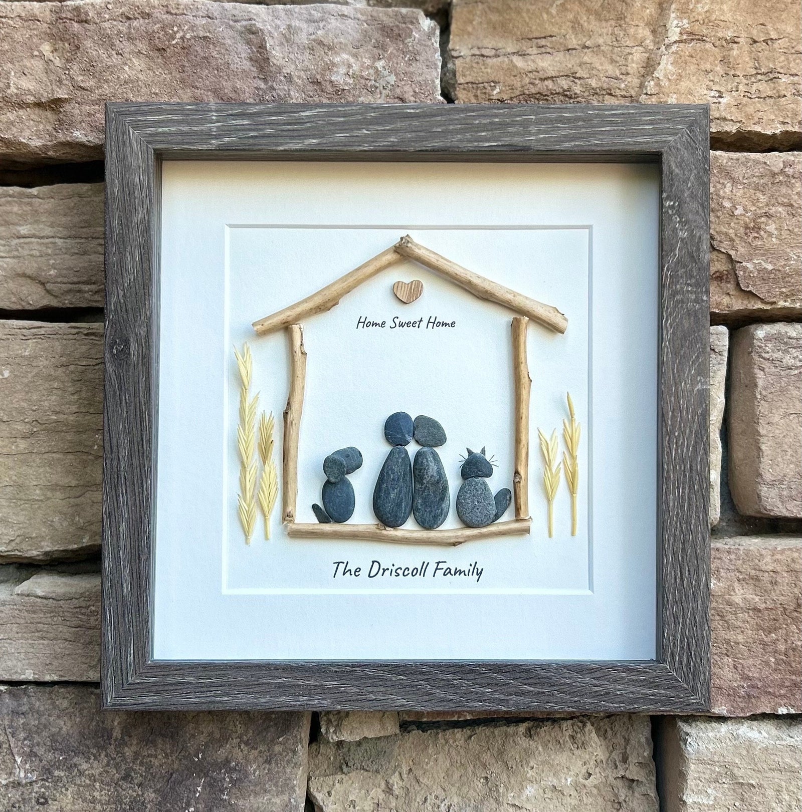 Couple with Pets | Custom Family Pebble Art | 9x9 Framed Personalized Family Picture