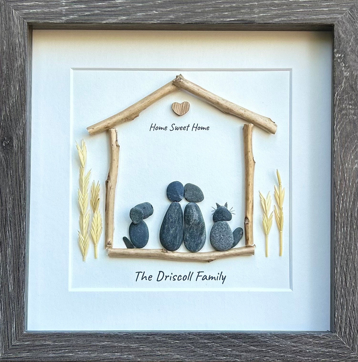Couple with Pets | Custom Family Pebble Art | 9x9 Framed Personalized Family Picture
