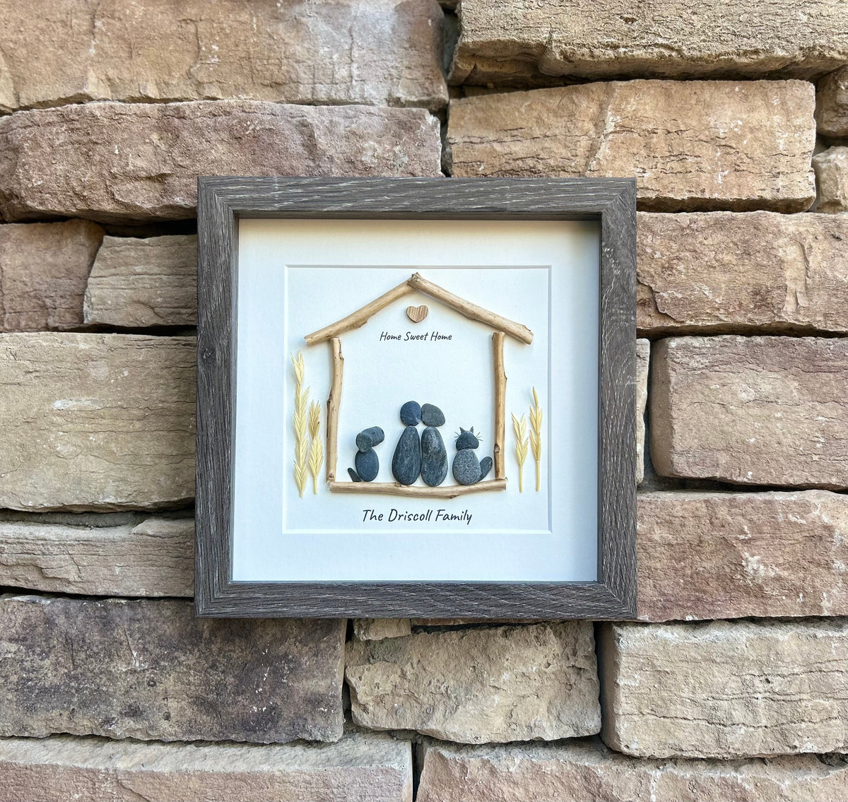 Couple with Pets | Custom Family Pebble Art | 9x9 Framed Personalized Family Picture
