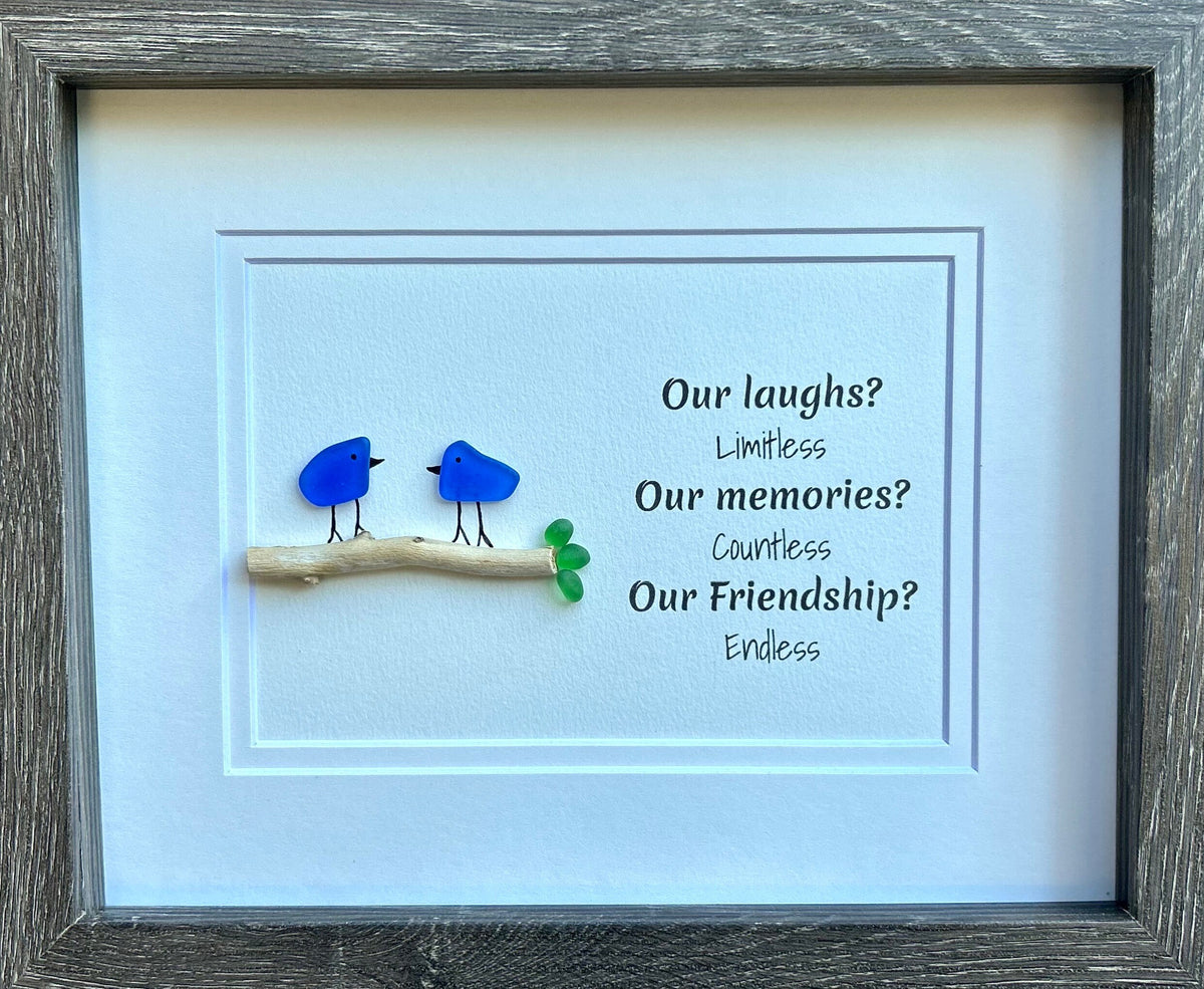 Laughs, Memories and Friendship 8x10 Framed Sea Glass Art Showing Two Birds on a Branch, Minimalist Beach Decor