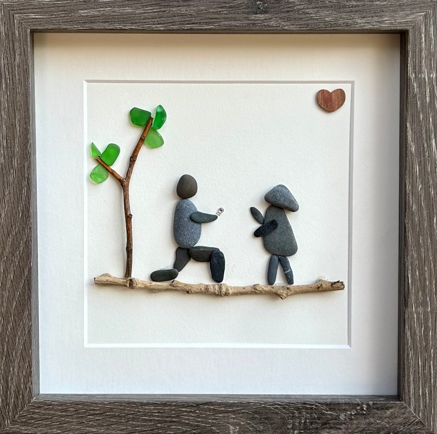 Personalized Pebble Art Engagement Gift, Framed Couple Artwork (9x9)