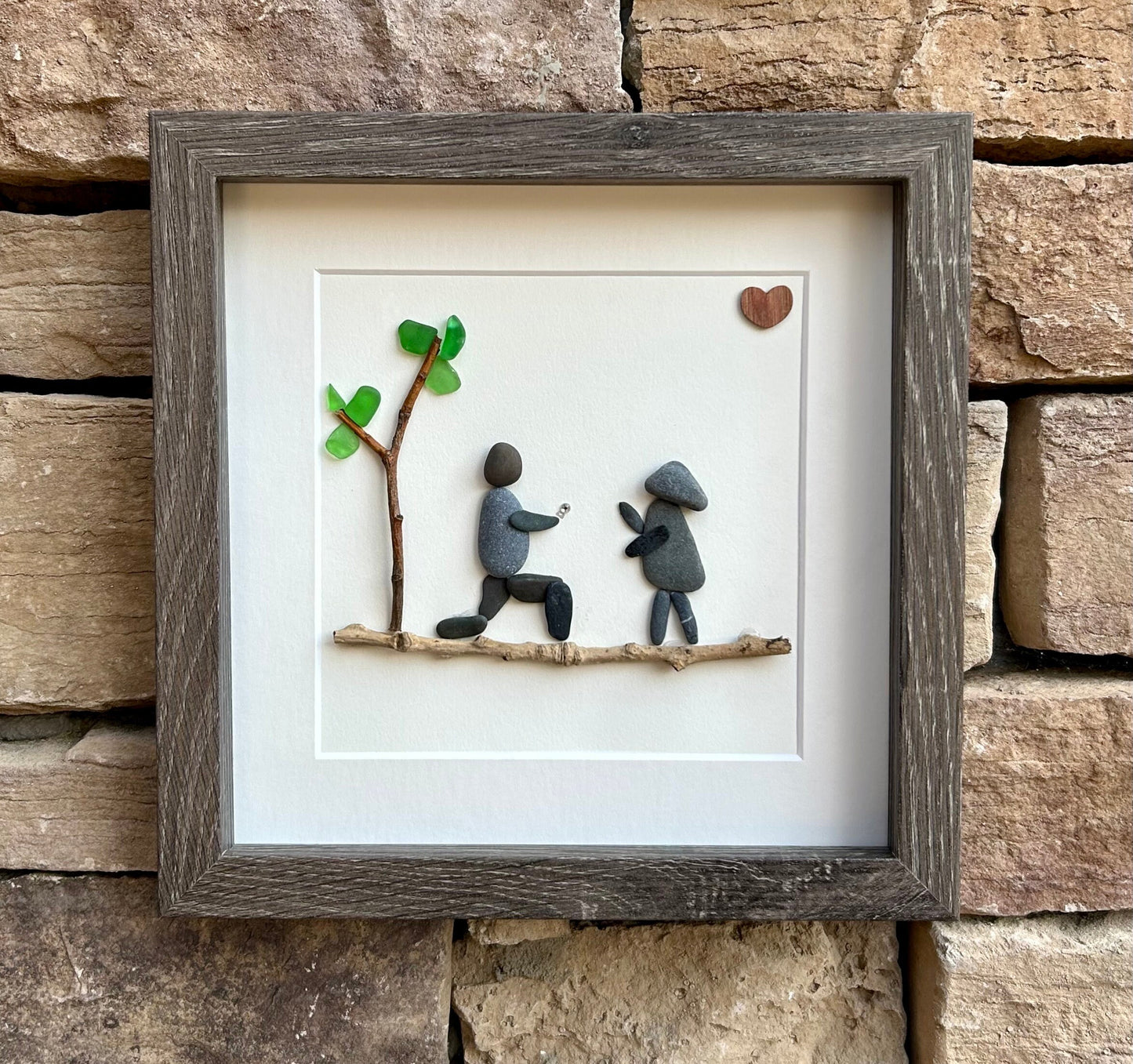 Personalized Pebble Art Engagement Gift, Framed Couple Artwork (9x9)