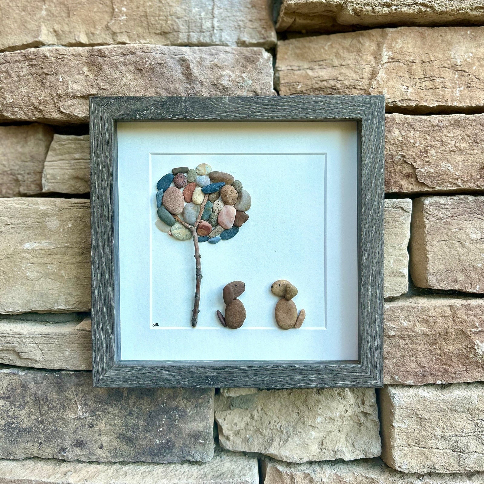 Two Dogs Sitting Under Tree, 9x9 Original Framed Pebble Art, Perfect Gift for Dog Owners