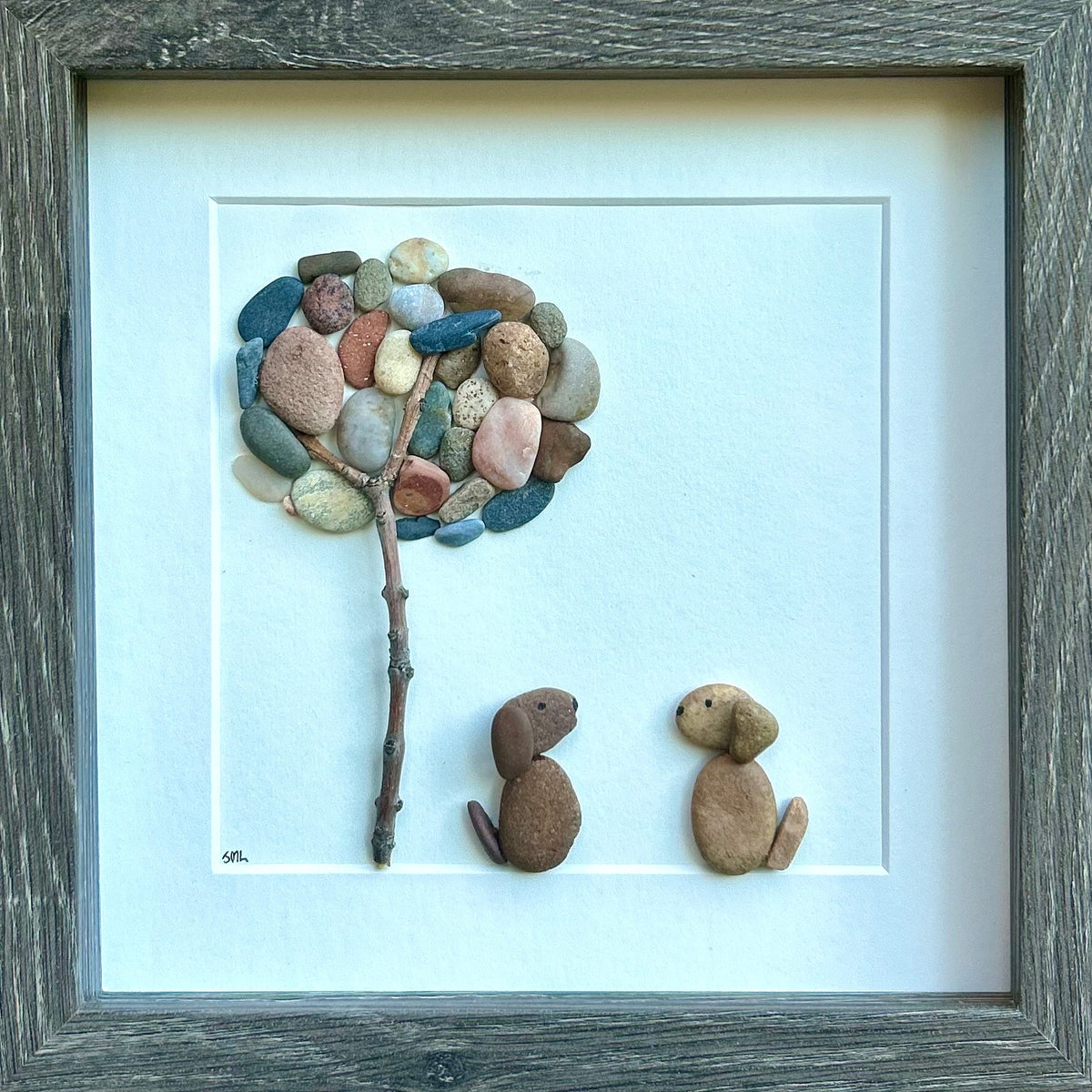 Two Dogs Sitting Under Tree, 9x9 Original Framed Pebble Art, Perfect Gift for Dog Owners