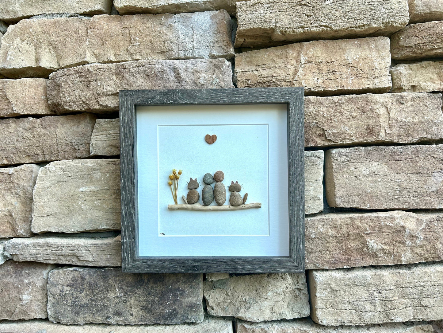 Couple with Cat Pebble Art, 9x9 Framed Picture, Personalized Pet Artwork, Perfect Gift for Cat Owners