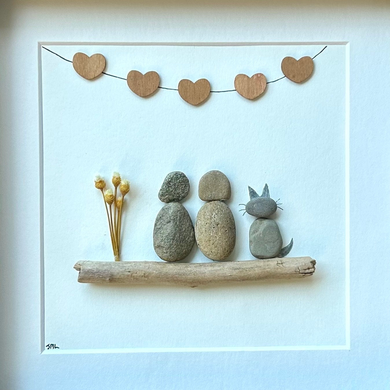 Couple with Cat Pebble Art, 9x9 Framed Picture, Personalized Pet Artwork, Perfect Gift for Cat Owners