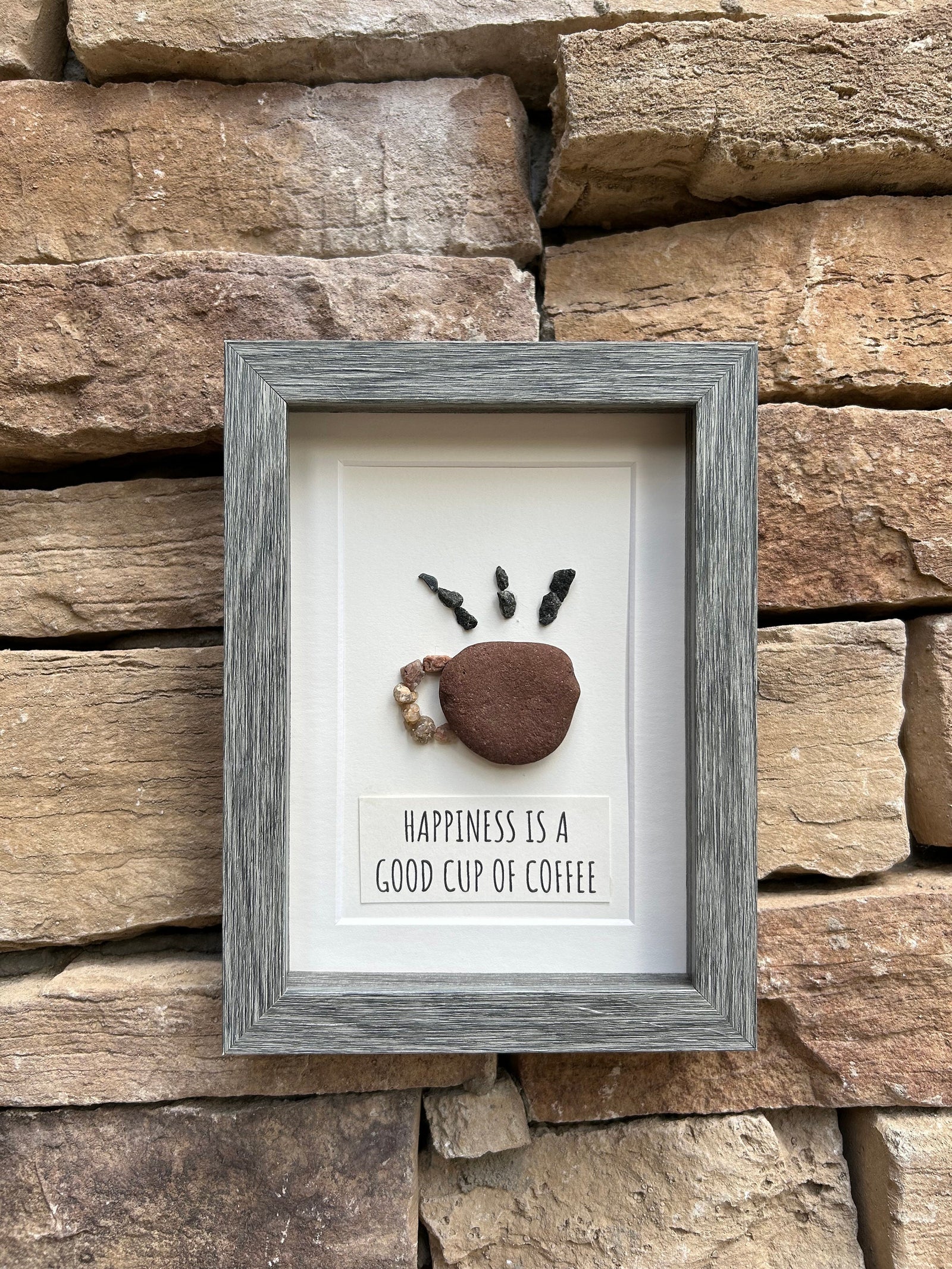 Happiness is a Good Cup of Coffee, 6x8 Framed Original Pebble Art for Coffee Lovers, Handmade Coffee Gift for Friend, Spouse, Parent