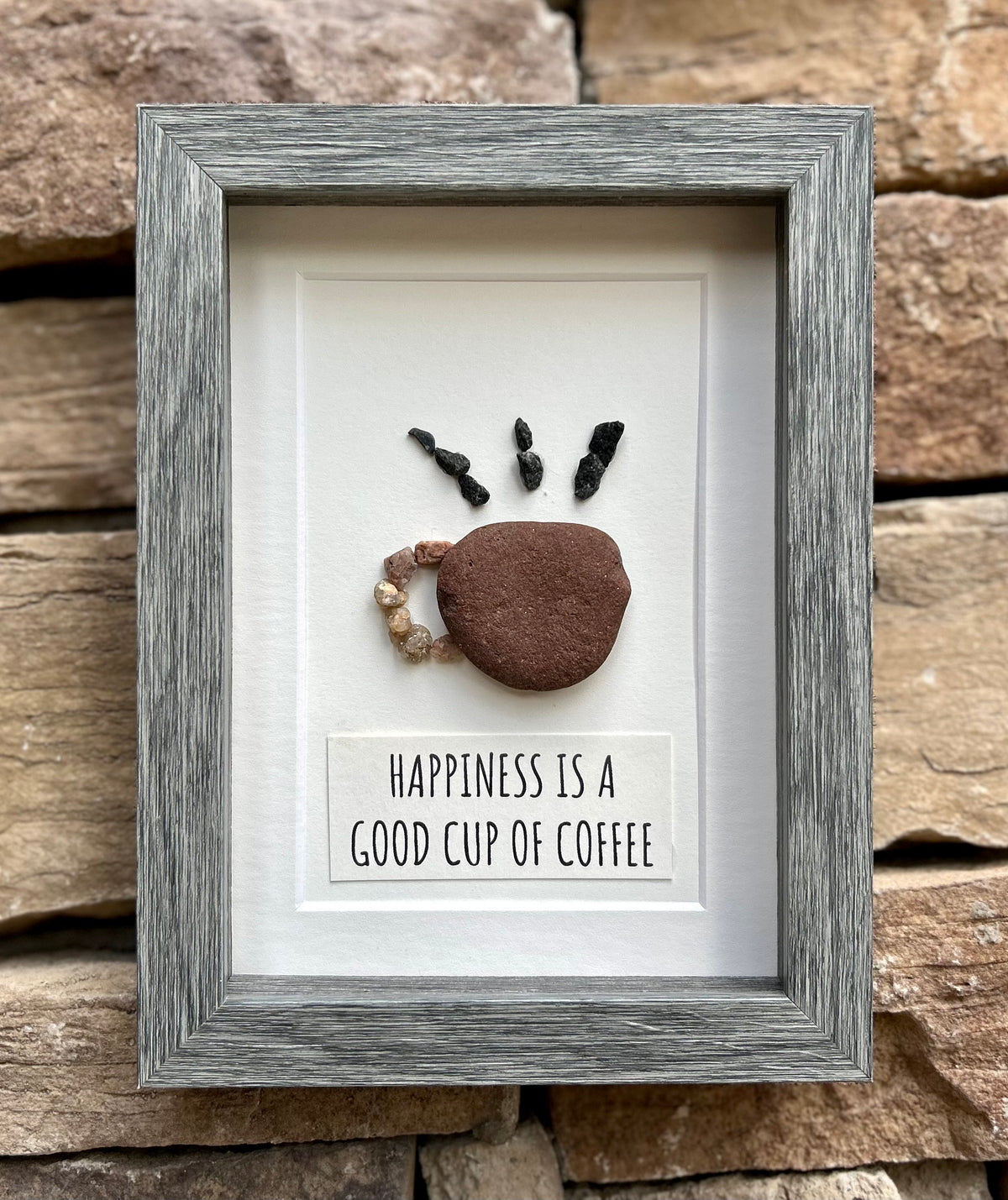 Happiness is a Good Cup of Coffee, 6x8 Framed Original Pebble Art for Coffee Lovers, Handmade Coffee Gift for Friend, Spouse, Parent