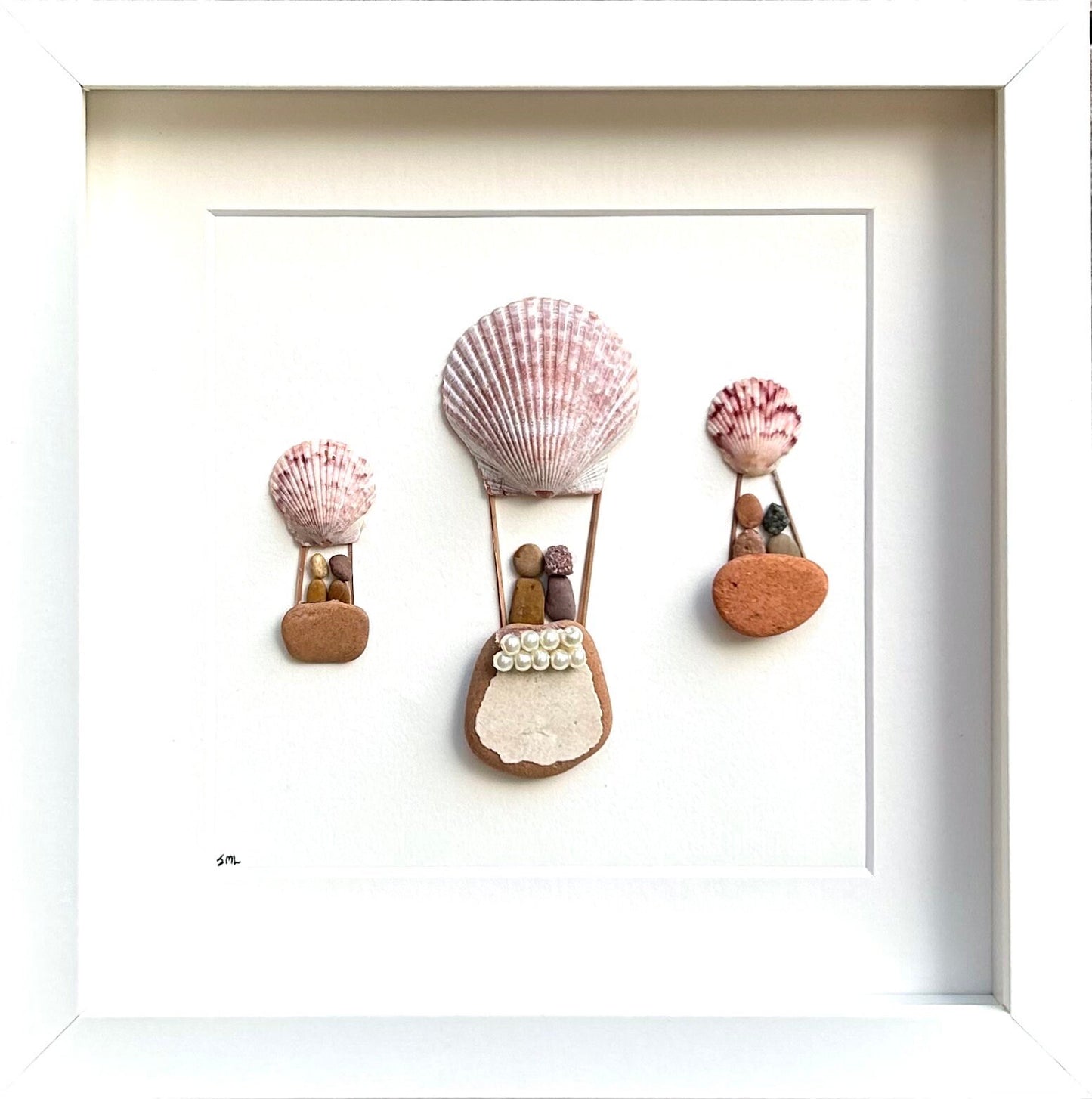 Hot Air Balloon Pebble Art, Shell Accents, Framed Natural Art (9x9)