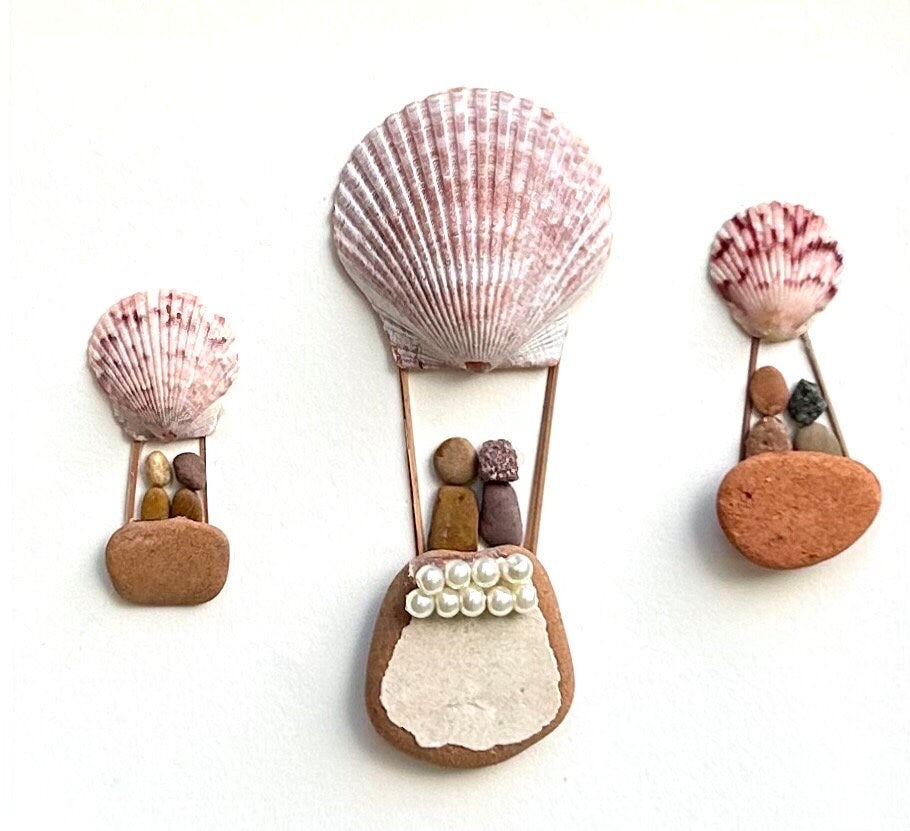 Hot Air Balloon Pebble Art, Shell Accents, Framed Natural Art (9x9)