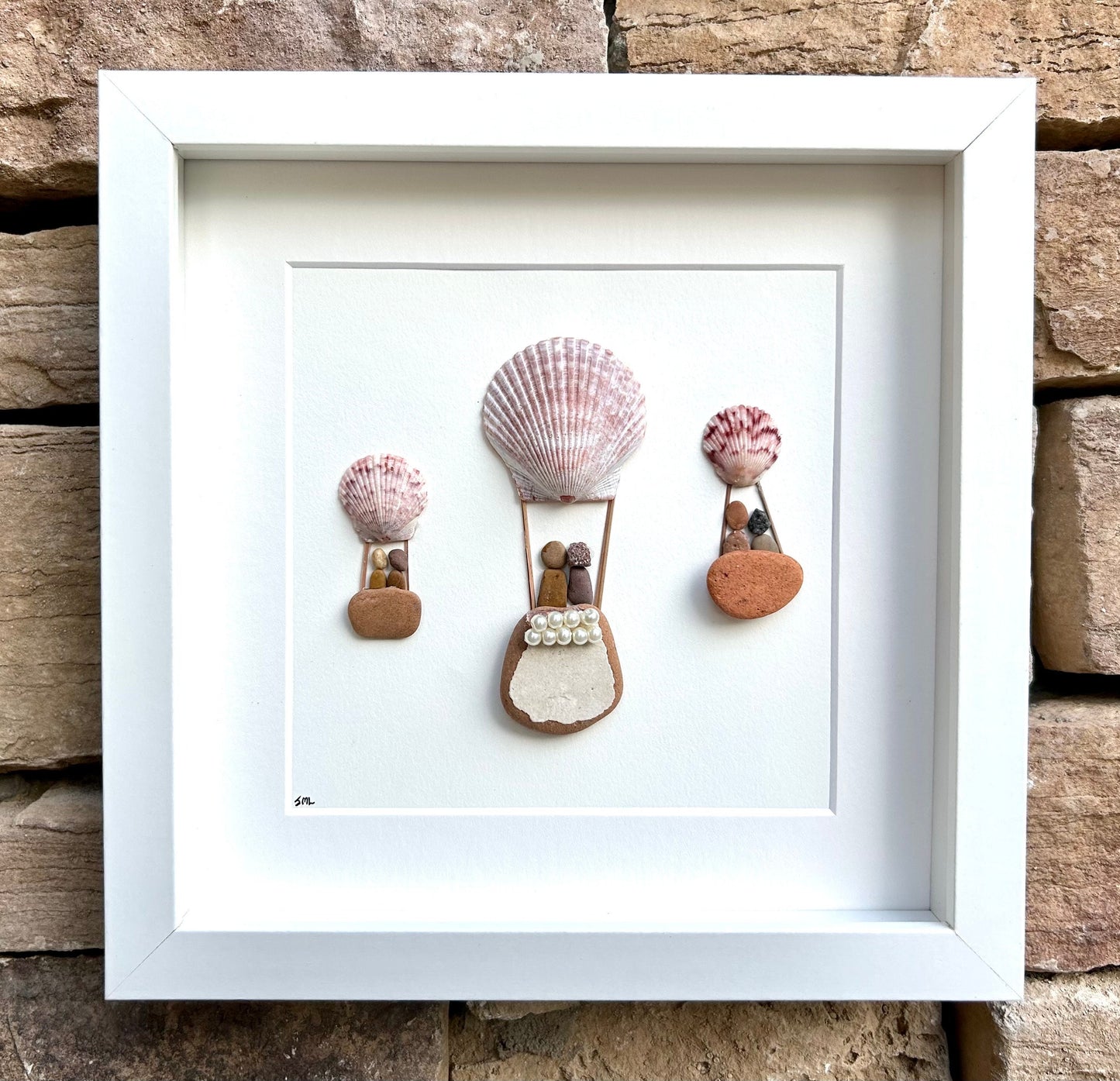 Hot Air Balloon Pebble Art, Shell Accents, Framed Natural Art (9x9)