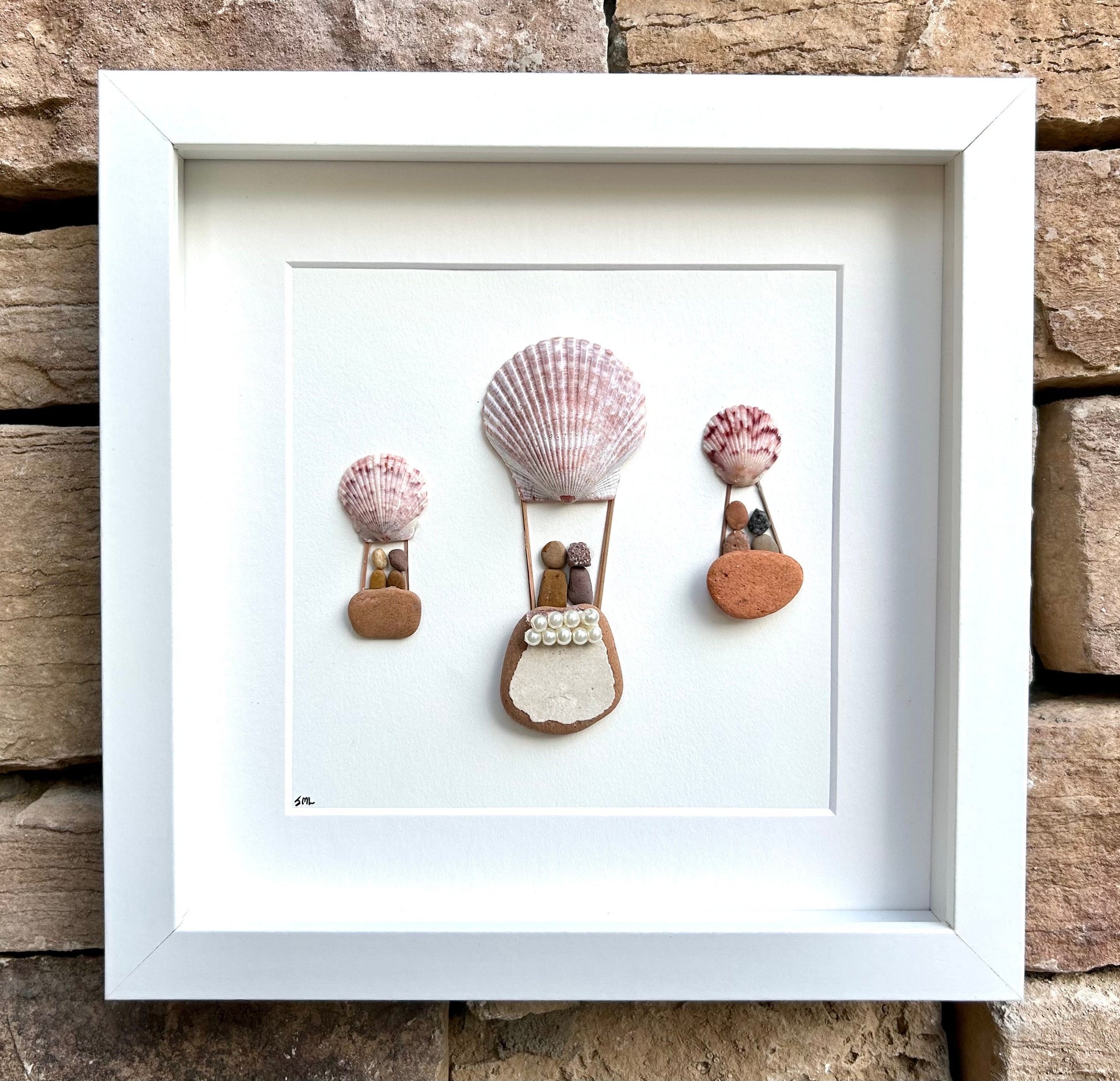 Hot Air Balloon Pebble Art, Shell Accents, Framed Natural Art (9x9)